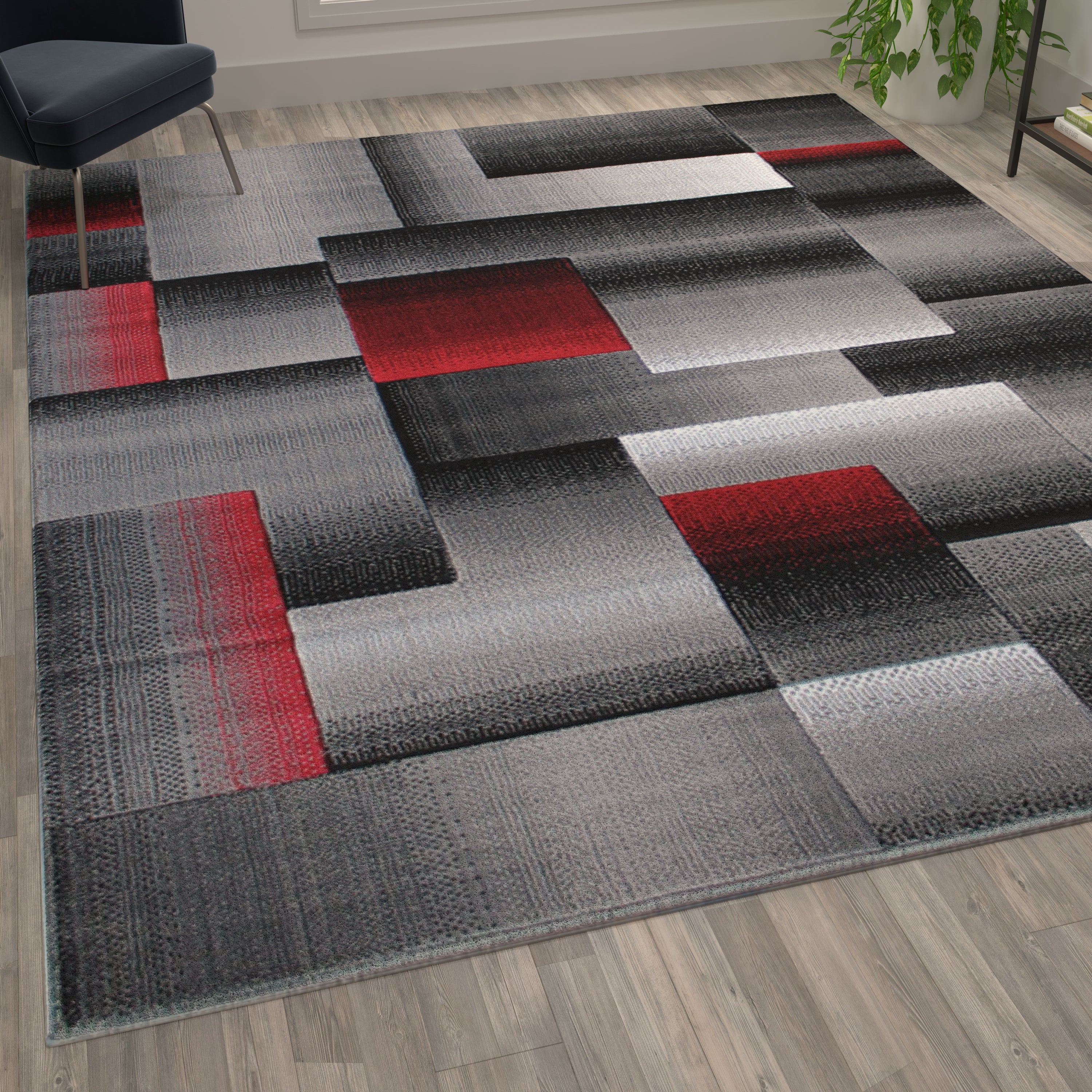 Elio Collection 8' x 10' Red Color Blocked Area Rug - Olefin Rug with Jute Backing - Entryway, Living Room, or Bedroom