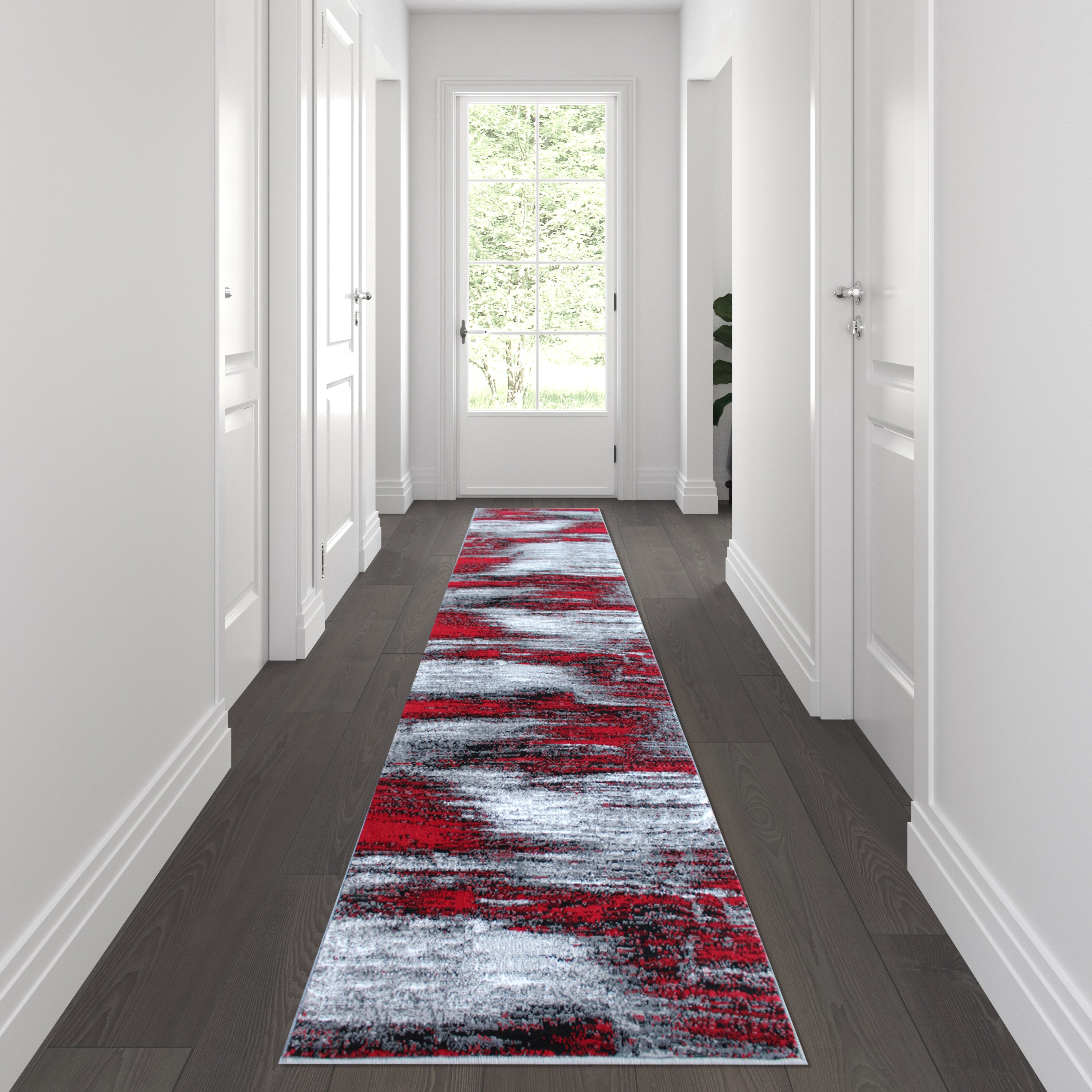 Rylan Collection 2' x 10' Red Abstract Area Rug - Olefin Rug with Jute Backing for Hallway, Entryway, Bedroom, Living Room