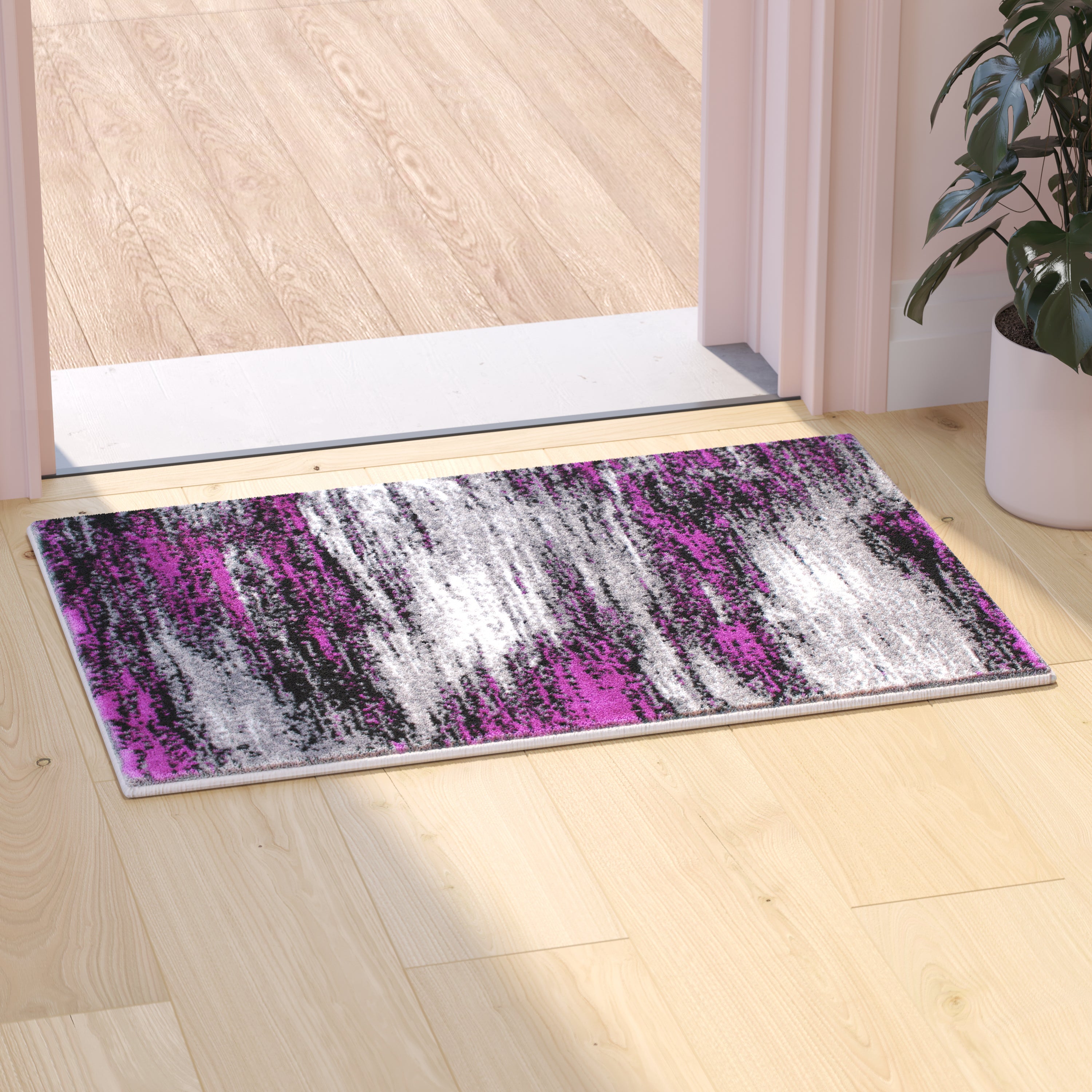 Rylan Collection 2' x 3' Purple Abstract Scraped Area Rug - Olefin Rug with Jute Backing - Living Room, Bedroom, & Entryway