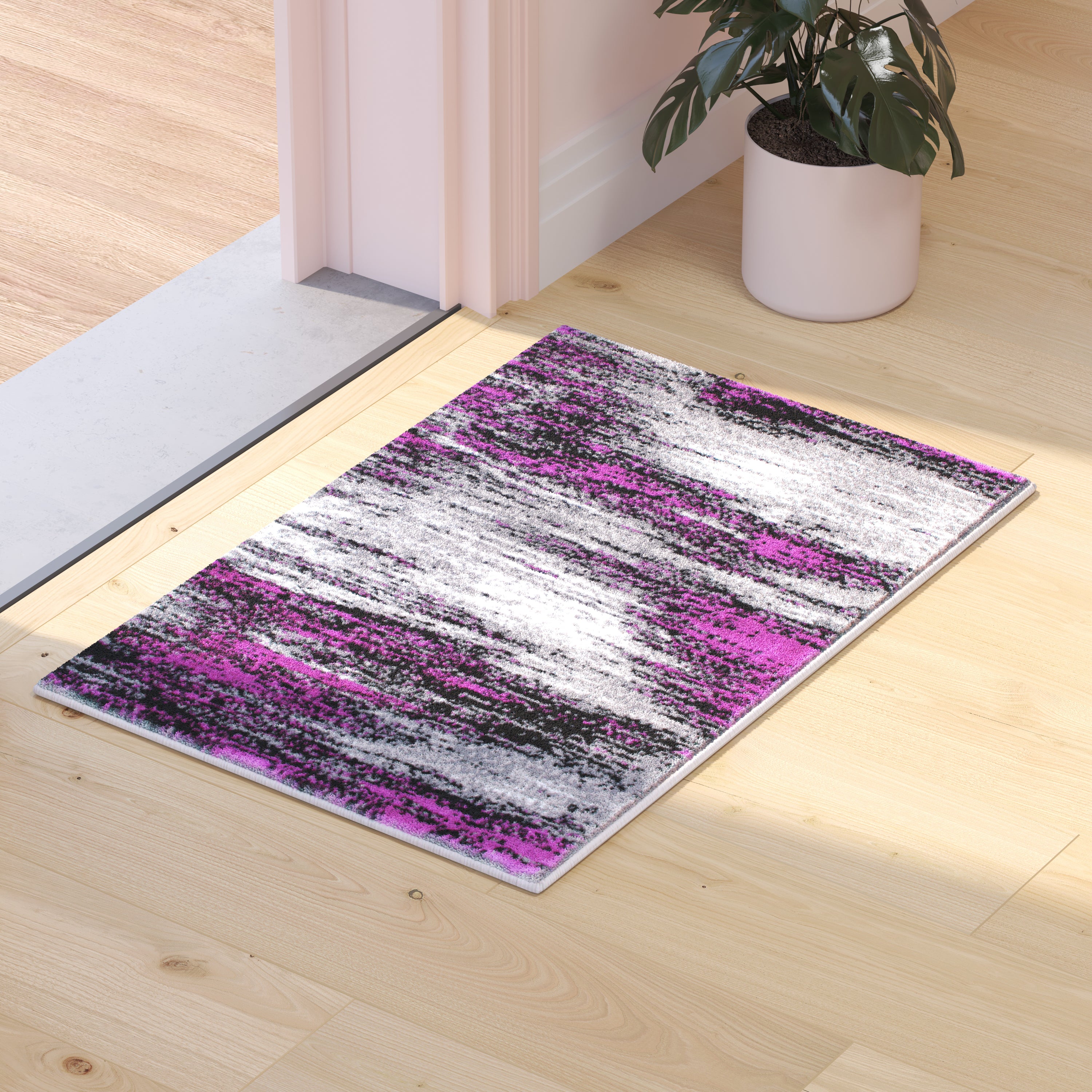 Rylan Collection 2' x 3' Purple Abstract Scraped Area Rug - Olefin Rug with Jute Backing - Living Room, Bedroom, & Entryway