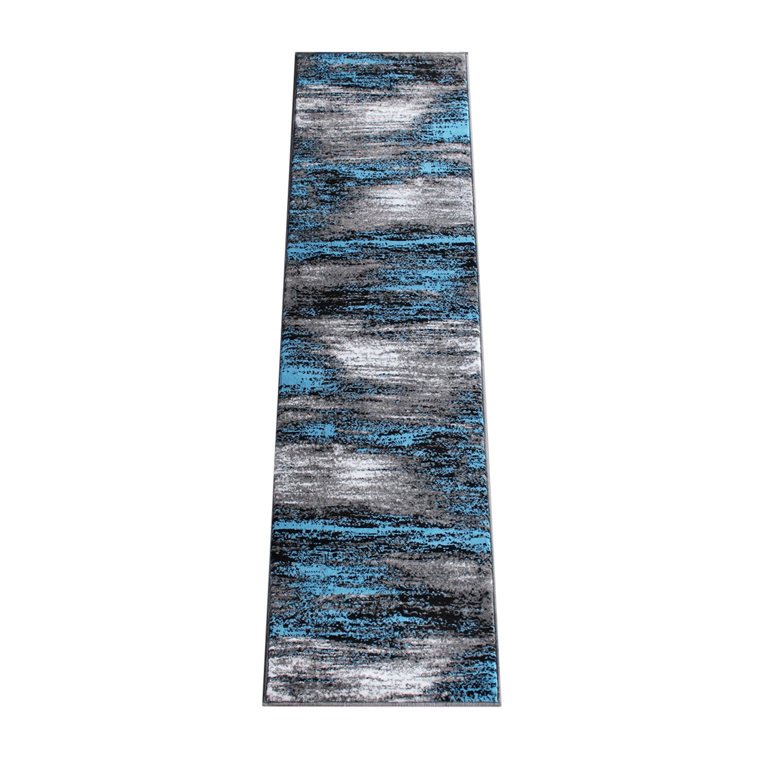 Rylan Collection 2' x 7' Blue Abstract Area Rug - Olefin Rug with Jute Backing for Hallway, Entryway, Bedroom, Living Room