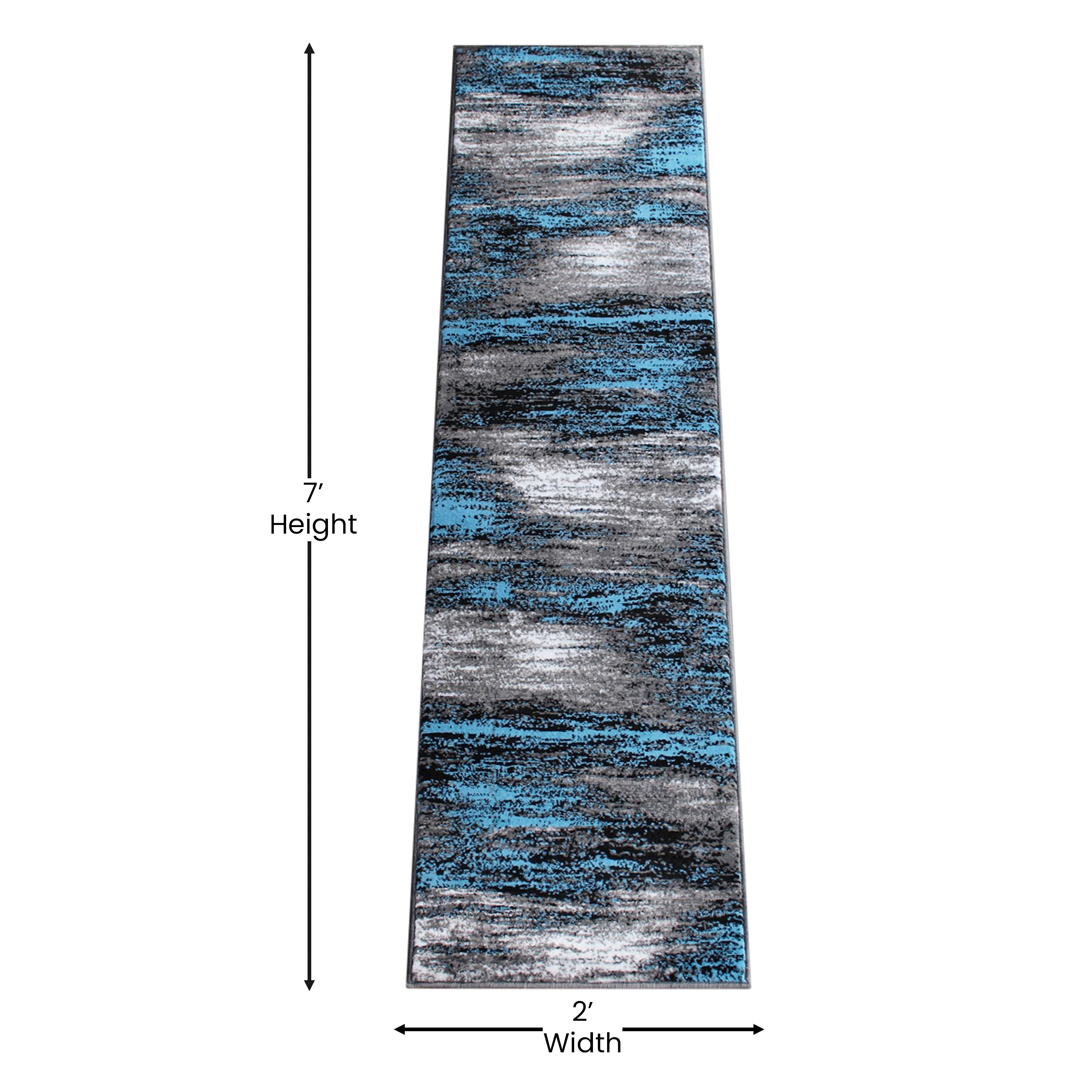 Rylan Collection 2' x 7' Blue Abstract Area Rug - Olefin Rug with Jute Backing for Hallway, Entryway, Bedroom, Living Room