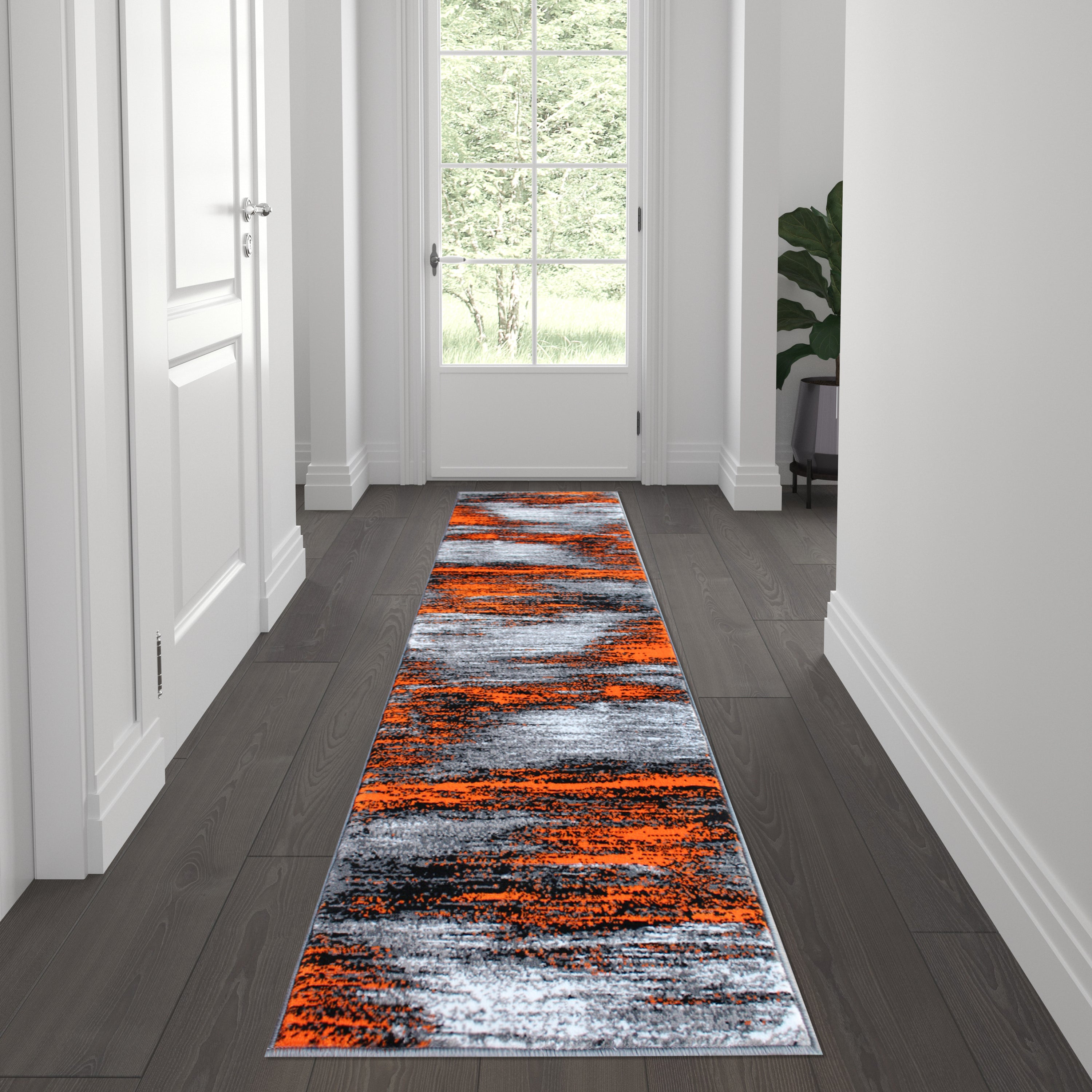 Rylan Collection 2' x 7' Orange Abstract Area Rug - Olefin Rug with Jute Backing for Hallway, Entryway, Bedroom, Living Room