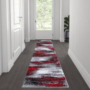 Rylan Collection 2' x 7' Red Abstract Area Rug - Olefin Rug with Jute Backing for Hallway, Entryway, Bedroom, Living Room