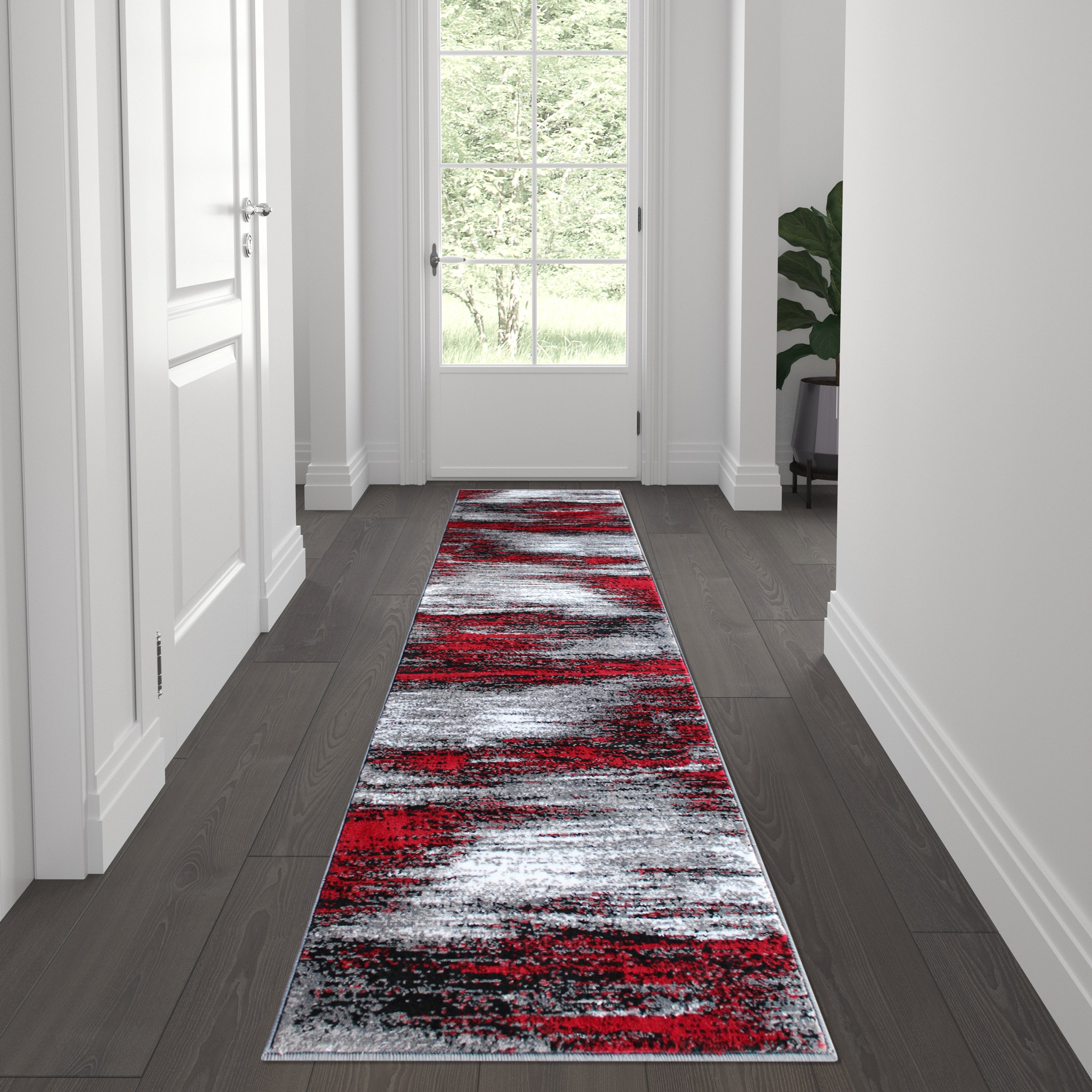Rylan Collection 2' x 7' Red Abstract Area Rug - Olefin Rug with Jute Backing for Hallway, Entryway, Bedroom, Living Room