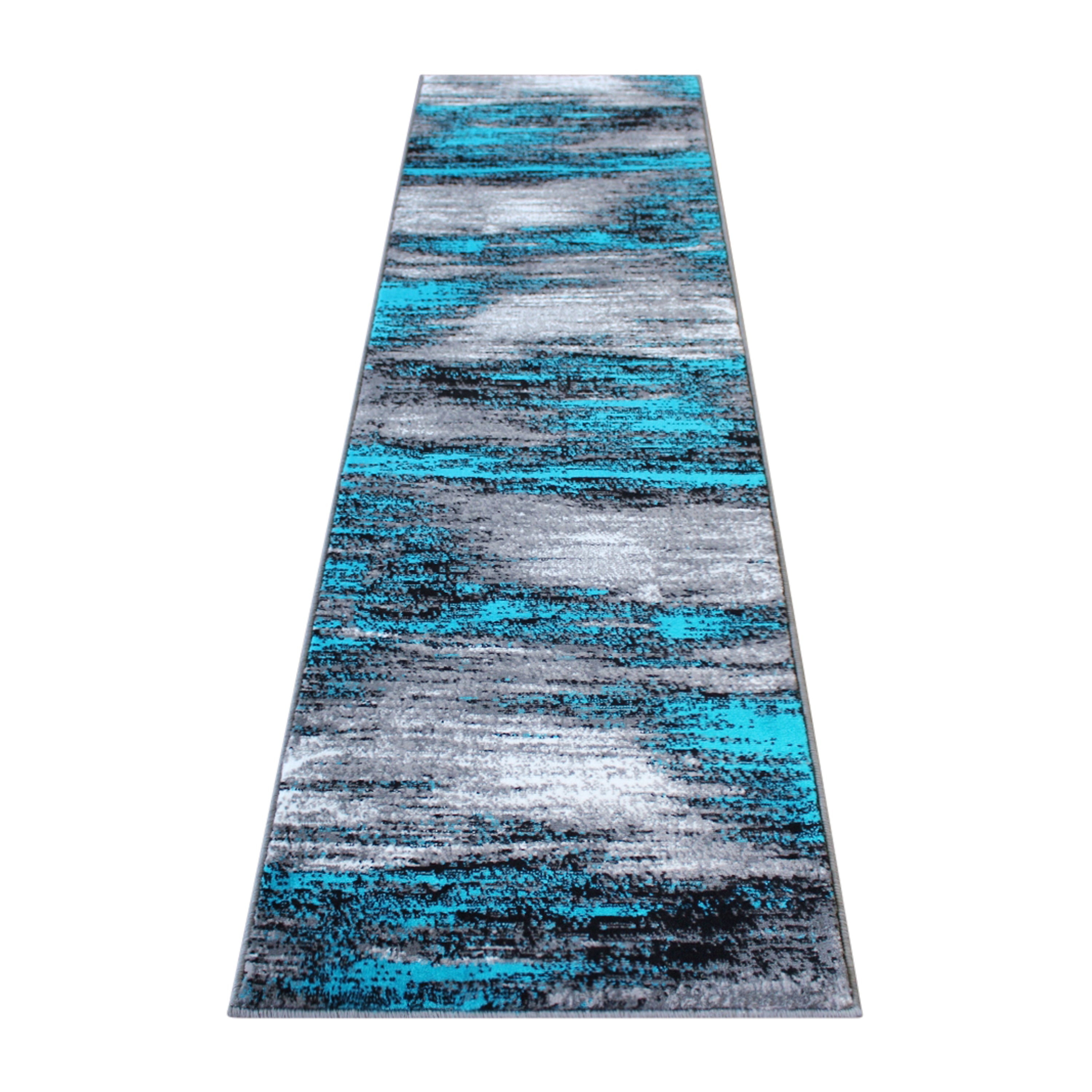 Rylan Collection 2' x 7' Turquoise Abstract Area Rug-Olefin Rug with Jute Backing for Hallway, Entryway, Bedroom, Living Room