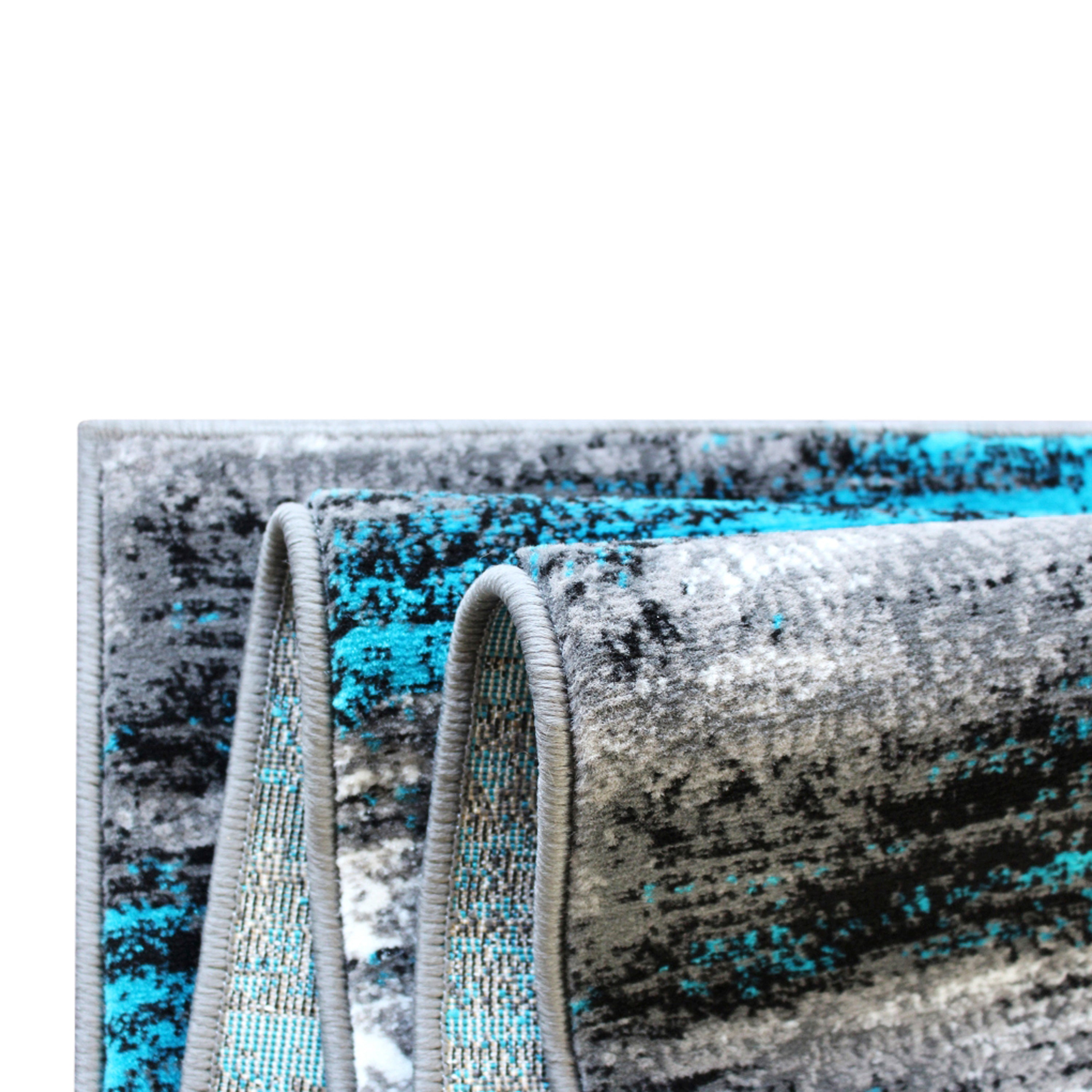 Rylan Collection 2' x 7' Turquoise Abstract Area Rug-Olefin Rug with Jute Backing for Hallway, Entryway, Bedroom, Living Room