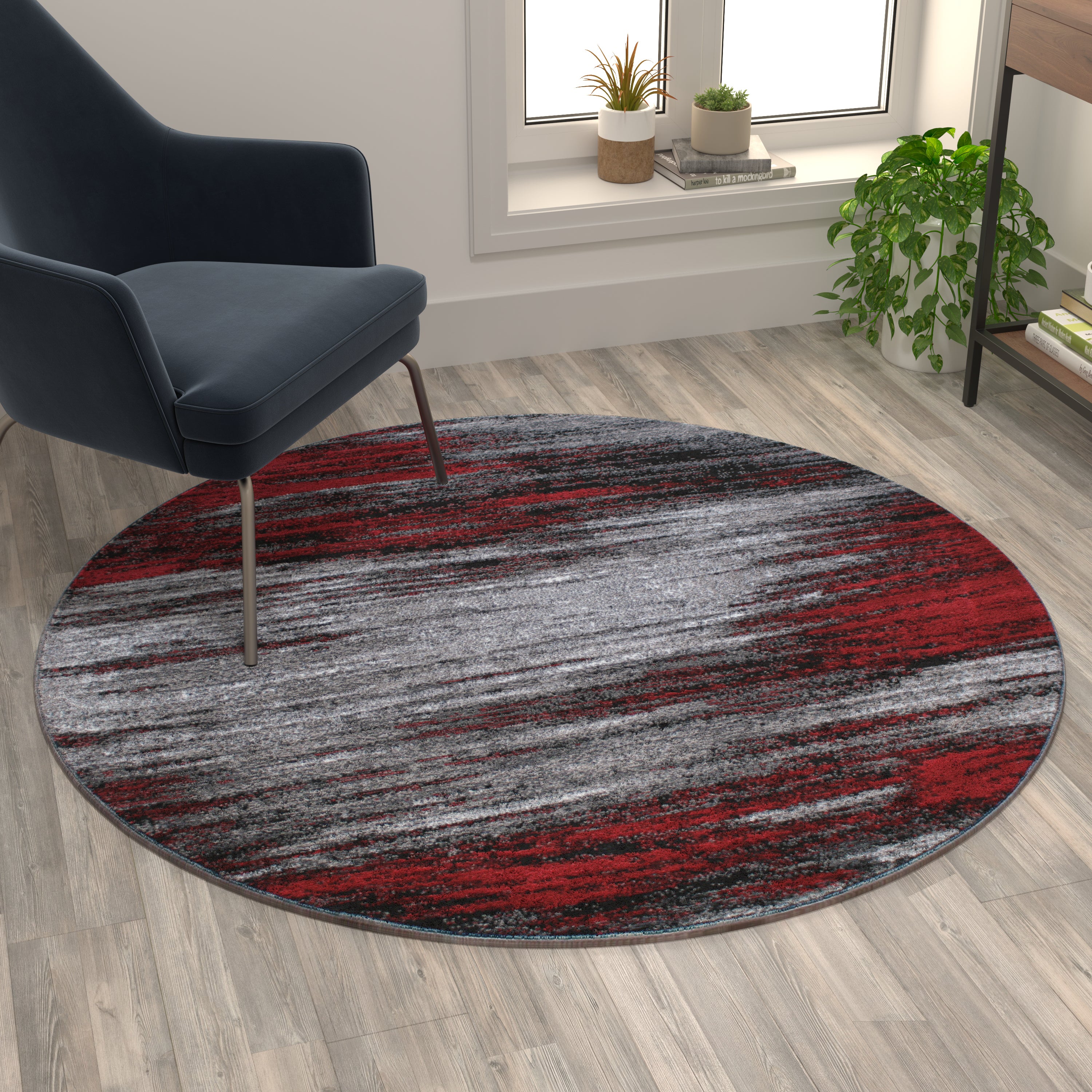 Rylan Collection 5' x 5' Round Red Abstract Area Rug - Olefin Rug with Jute Backing - Living Room, Bedroom, & Family Rooms