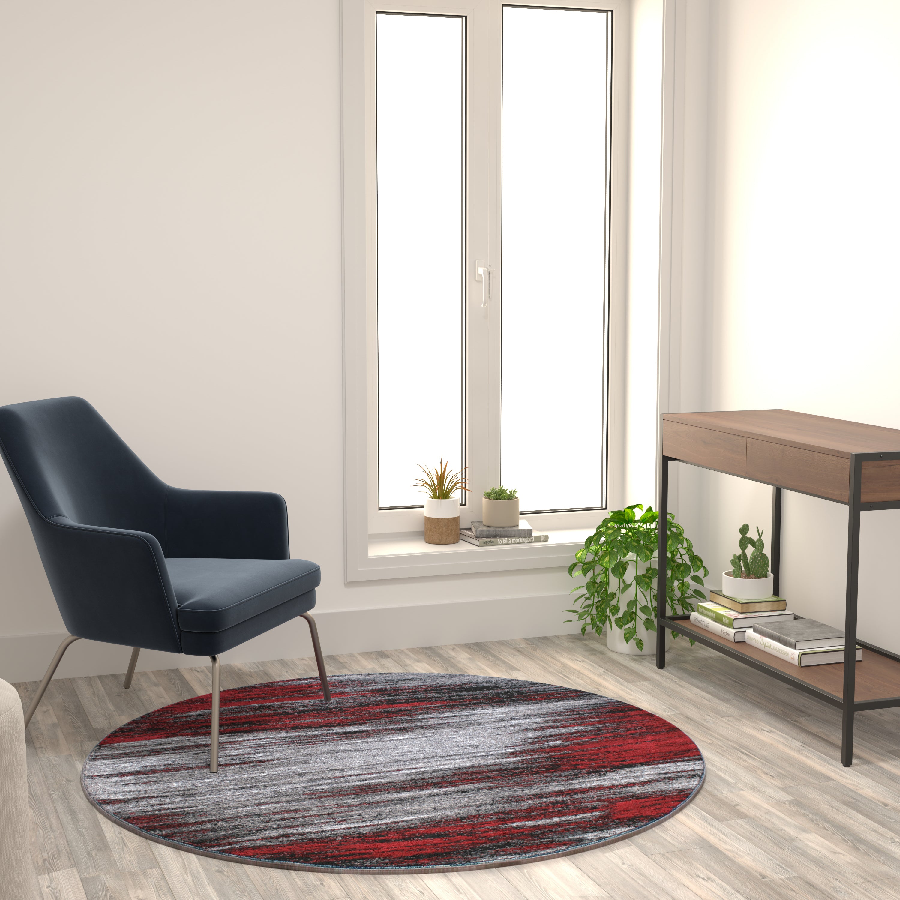 Rylan Collection 5' x 5' Round Red Abstract Area Rug - Olefin Rug with Jute Backing - Living Room, Bedroom, & Family Rooms