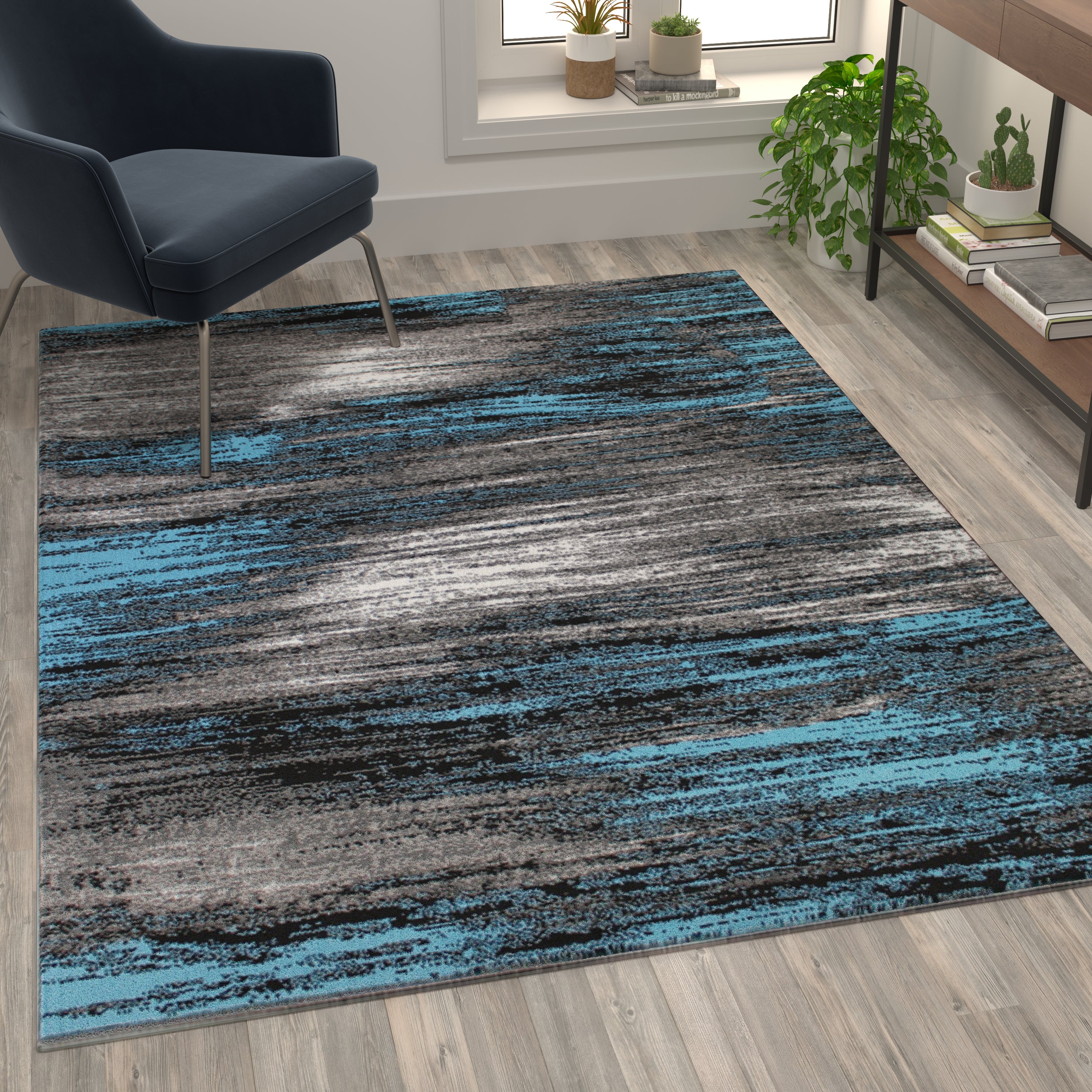 Rylan Collection 5' x 7' Blue Scraped Design Area Rug - Olefin Rug with Jute Backing - Living Room, Bedroom, Entryway