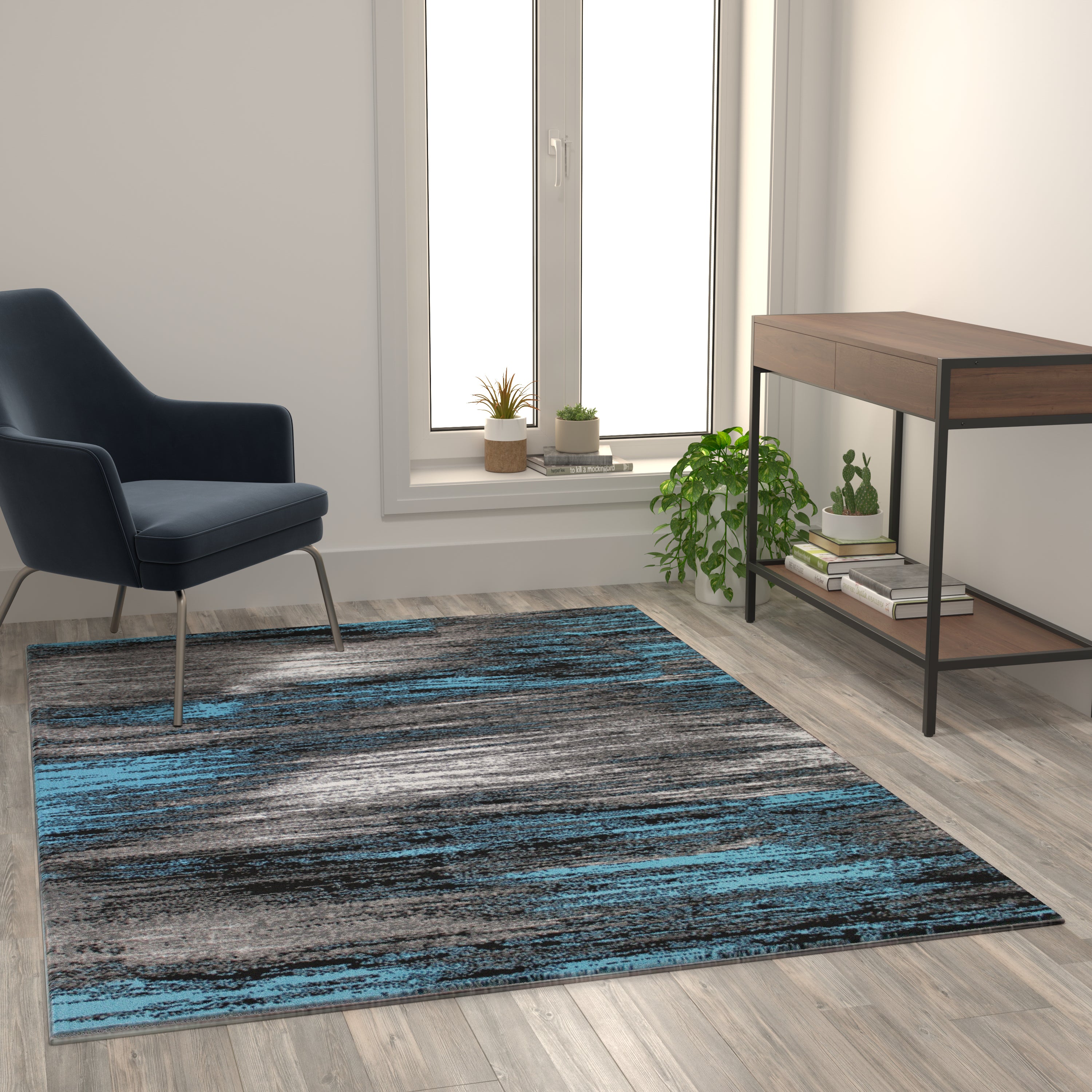 Rylan Collection 5' x 7' Blue Scraped Design Area Rug - Olefin Rug with Jute Backing - Living Room, Bedroom, Entryway