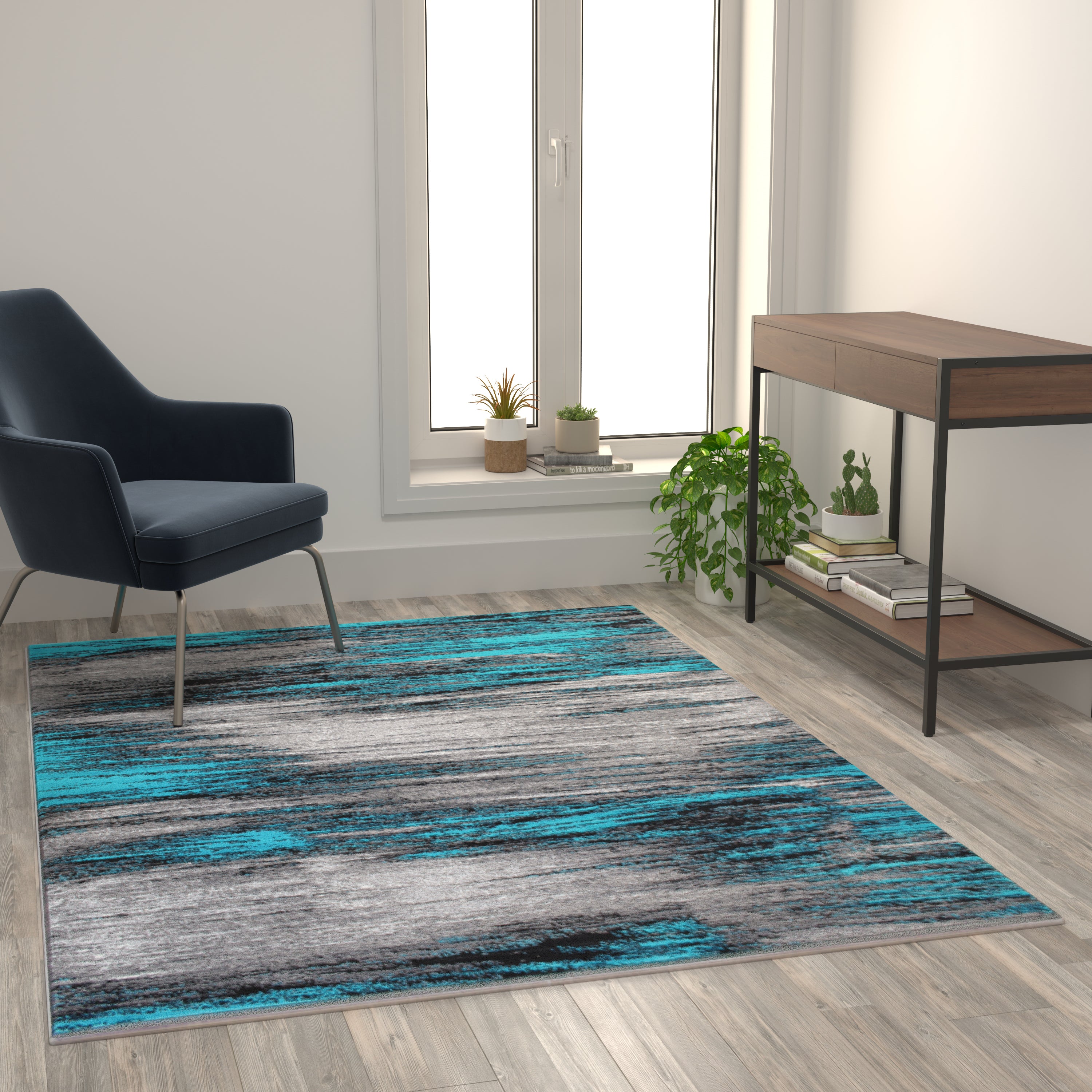 Rylan Collection 5' x 7' Turquoise Scraped Design Area Rug - Olefin Rug with Jute Backing - Living Room, Bedroom, Entryway