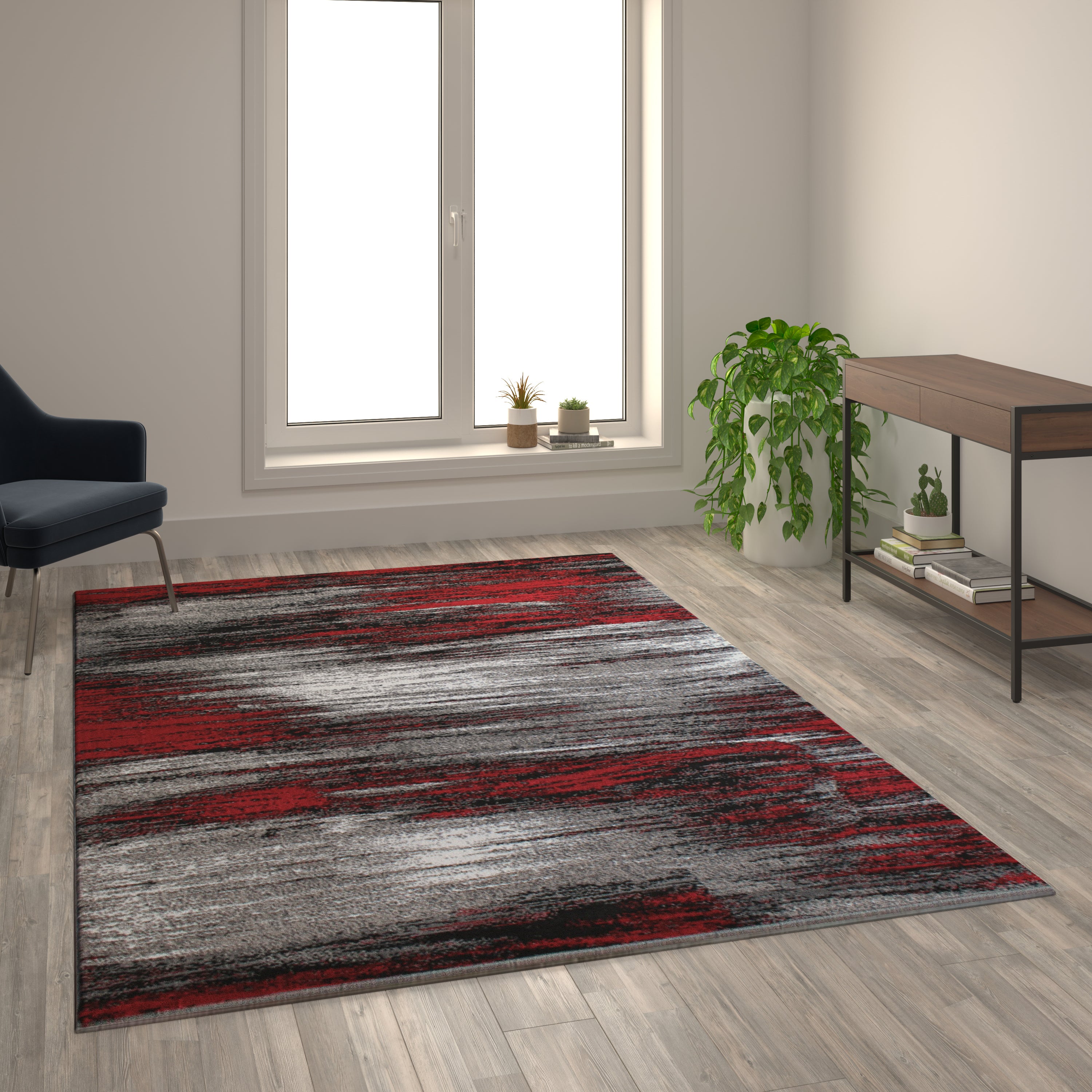 Rylan Collection 6' x 9' Red Scraped Design Area Rug - Olefin Rug with Jute Backing - Living Room, Bedroom, Entryway