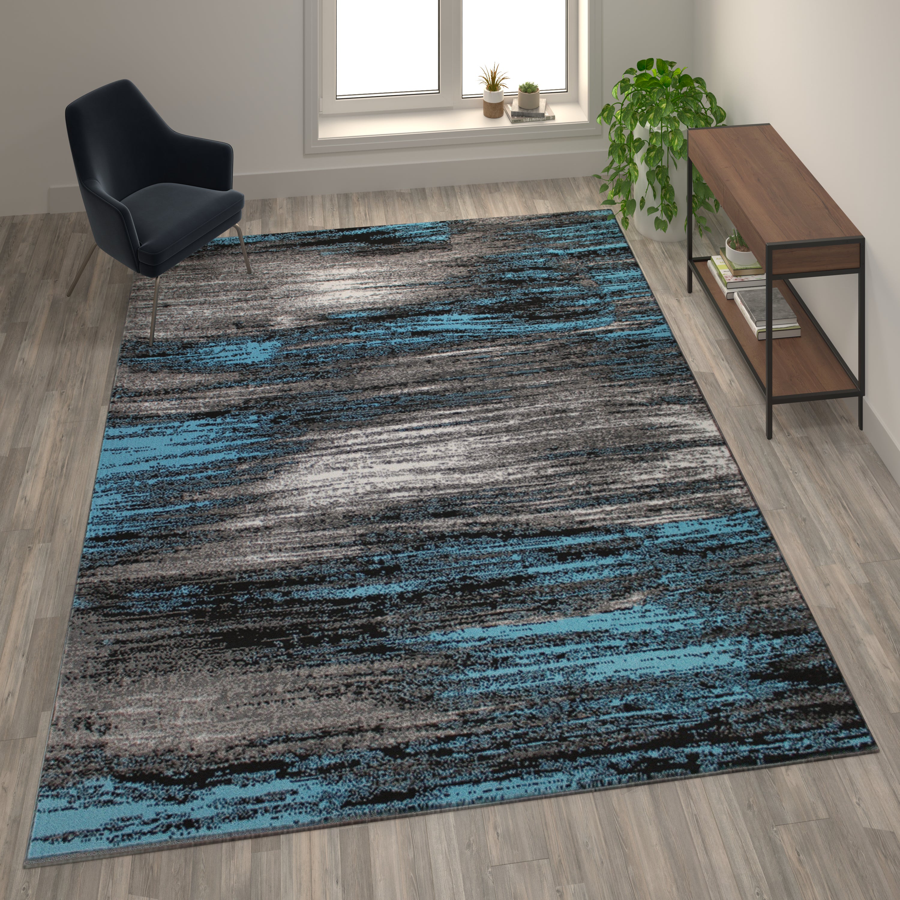Rylan Collection 8' x 10' Blue Scraped Design Area Rug - Olefin Rug with Jute Backing - Living Room, Bedroom, Entryway