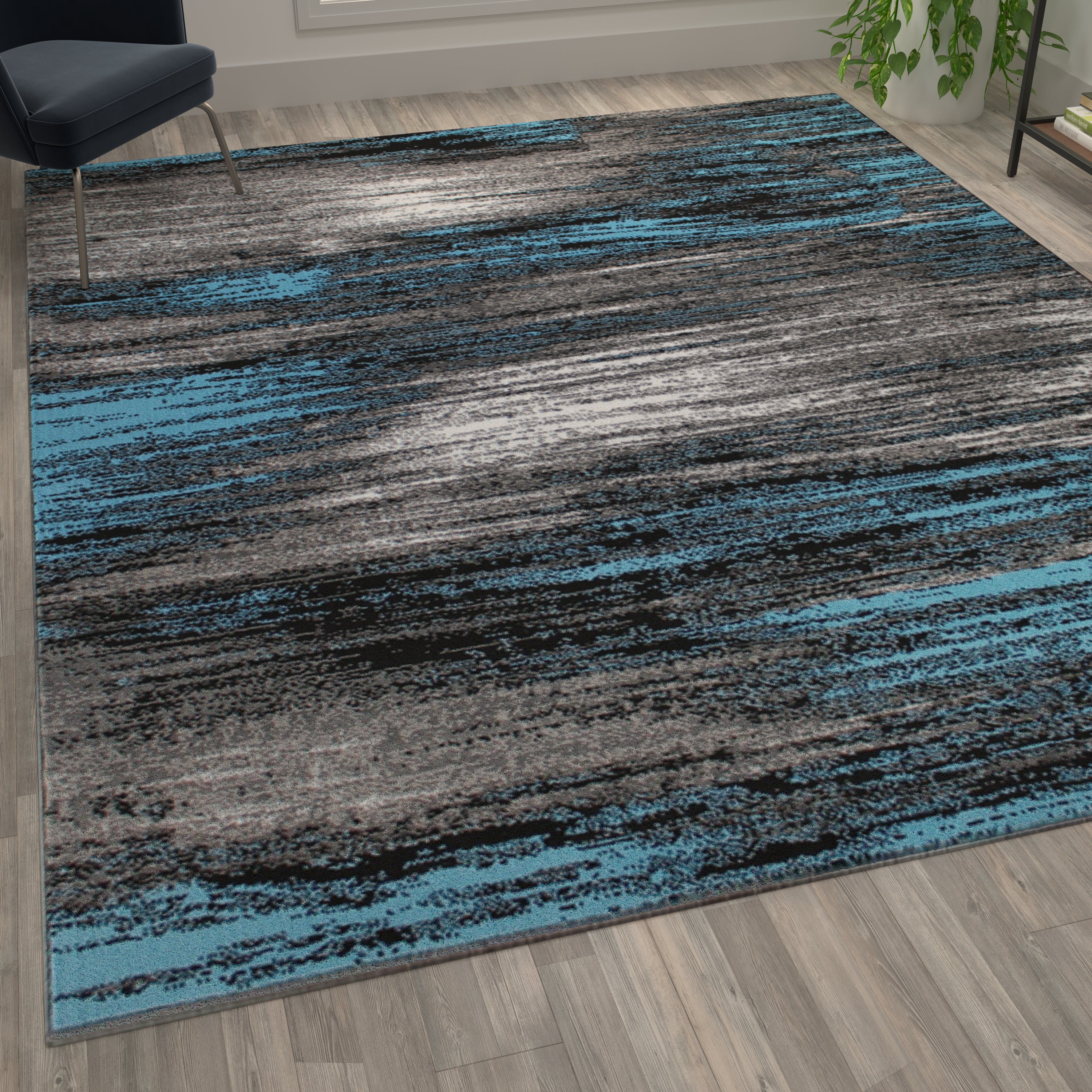 Rylan Collection 8' x 10' Blue Scraped Design Area Rug - Olefin Rug with Jute Backing - Living Room, Bedroom, Entryway