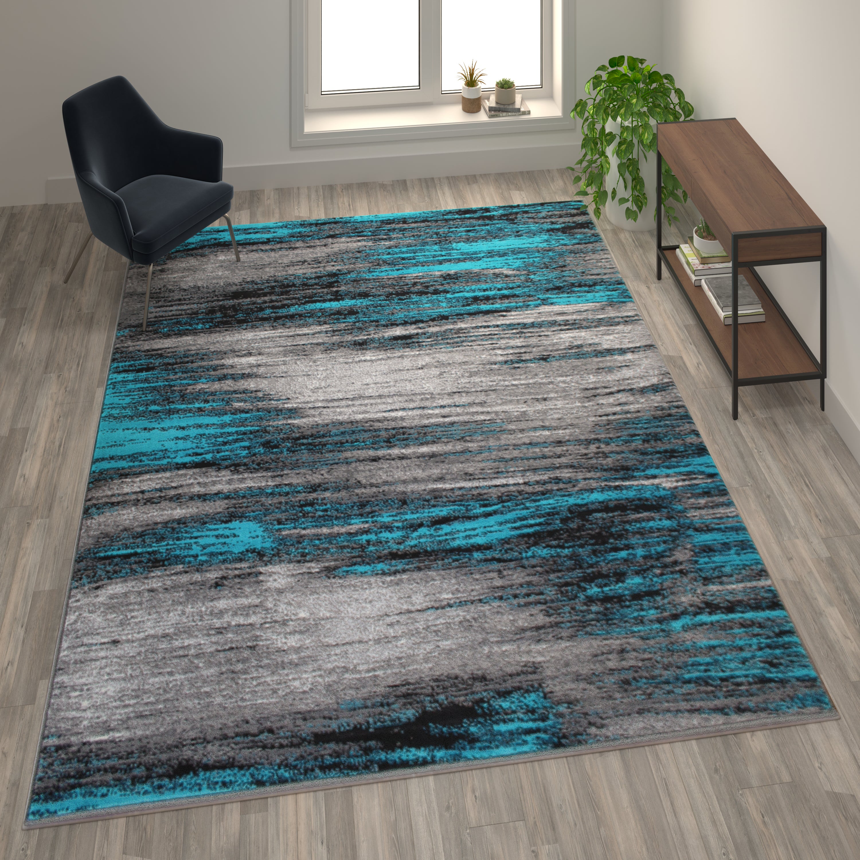 Rylan Collection 8' x 10' Turquoise Scraped Design Area Rug - Olefin Rug with Jute Backing - Living Room, Bedroom, Entryway