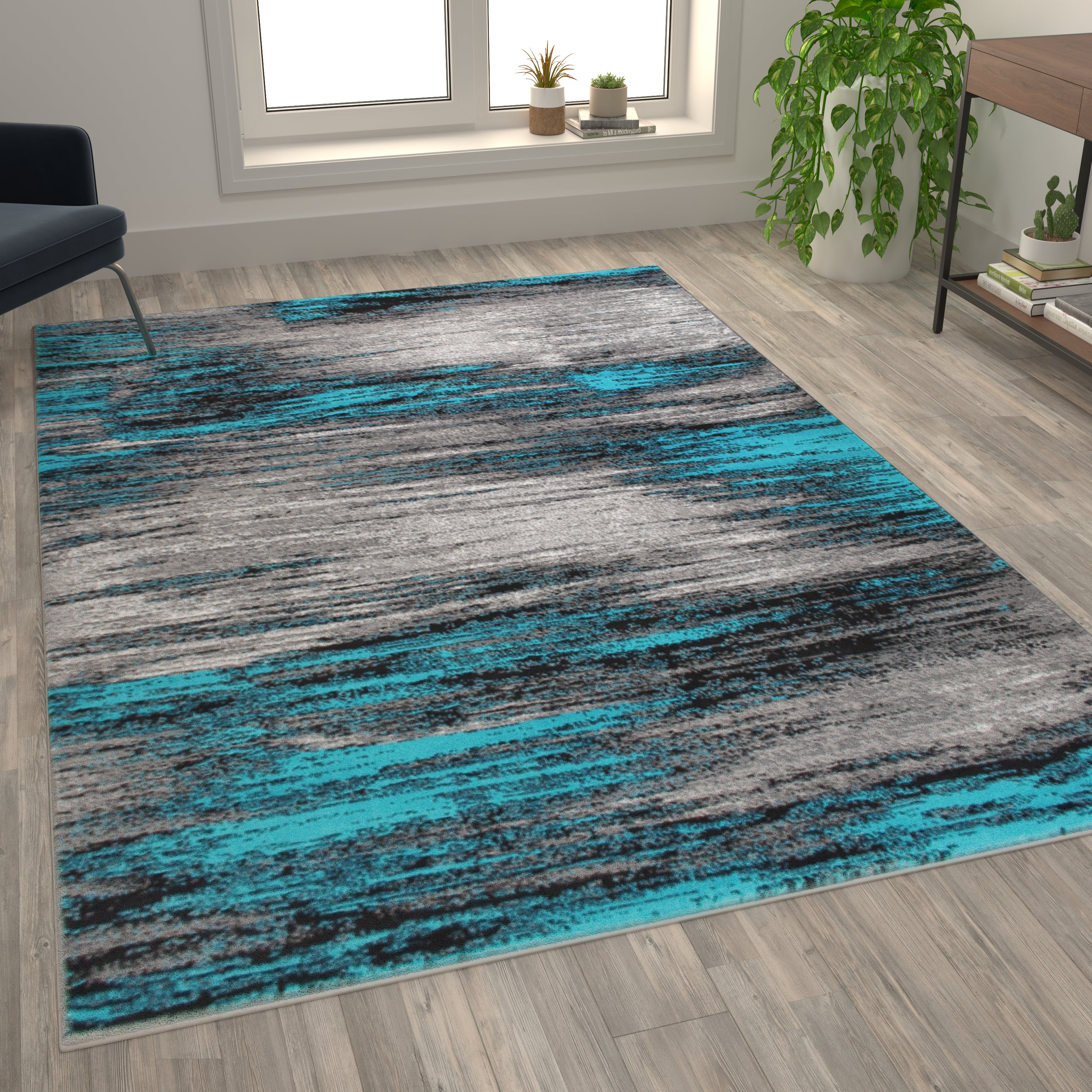 Rylan Collection 8' x 10' Turquoise Scraped Design Area Rug - Olefin Rug with Jute Backing - Living Room, Bedroom, Entryway