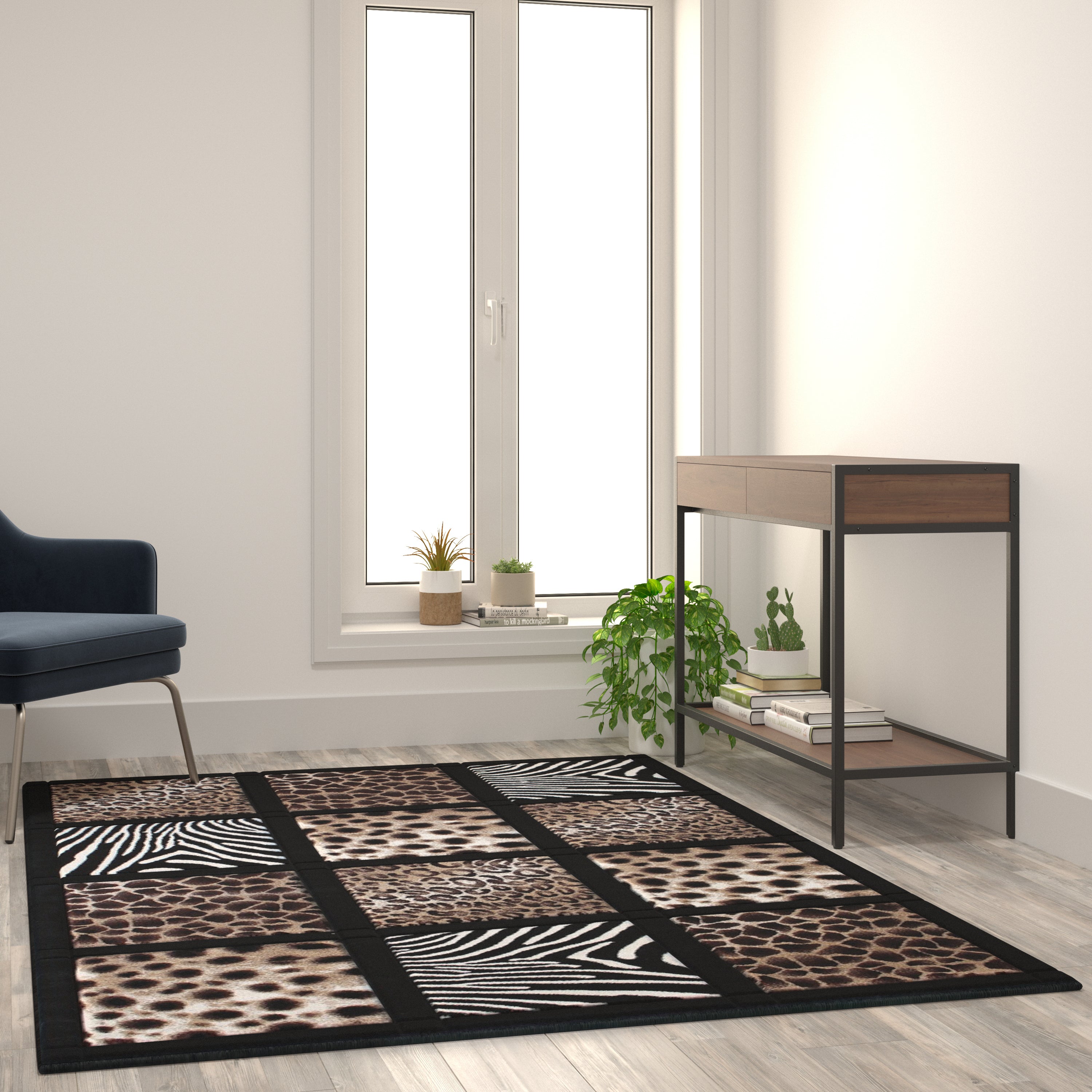 Menagerie Collection 5' x 7' Modern Animal Print Olefin Area Rug with Cheetah, Leopard, Zebra and Giraffe Design Raised Squares