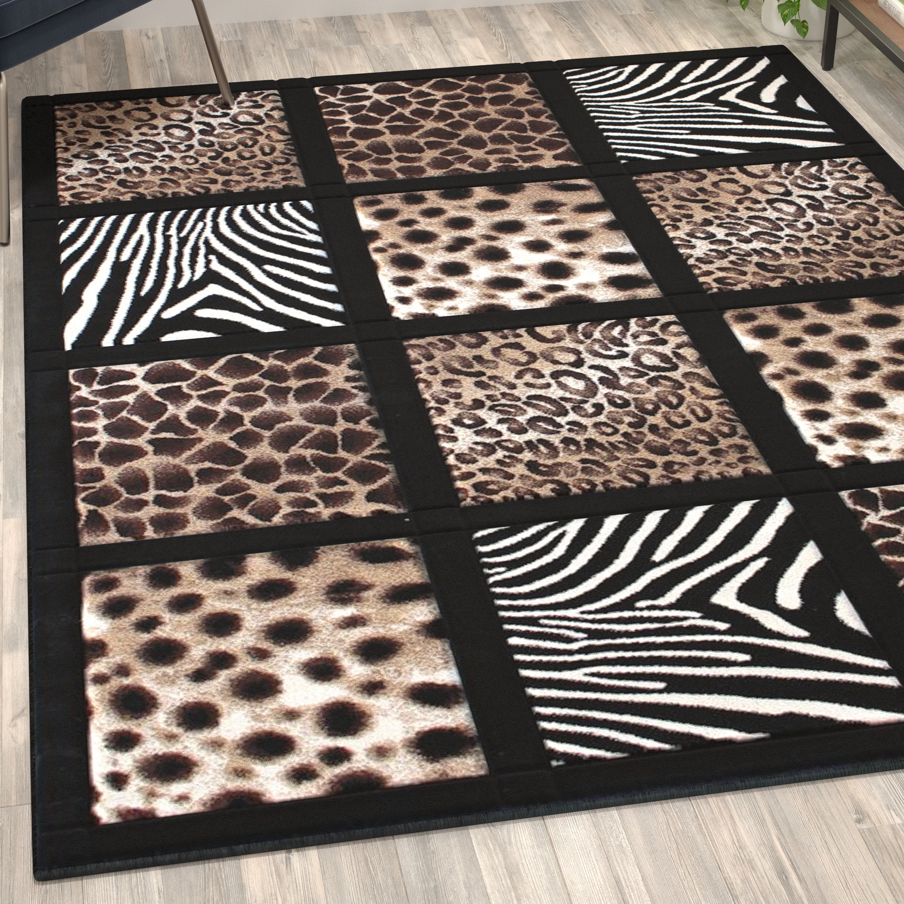 Menagerie Collection 5' x 7' Modern Animal Print Olefin Area Rug with Cheetah, Leopard, Zebra and Giraffe Design Raised Squares