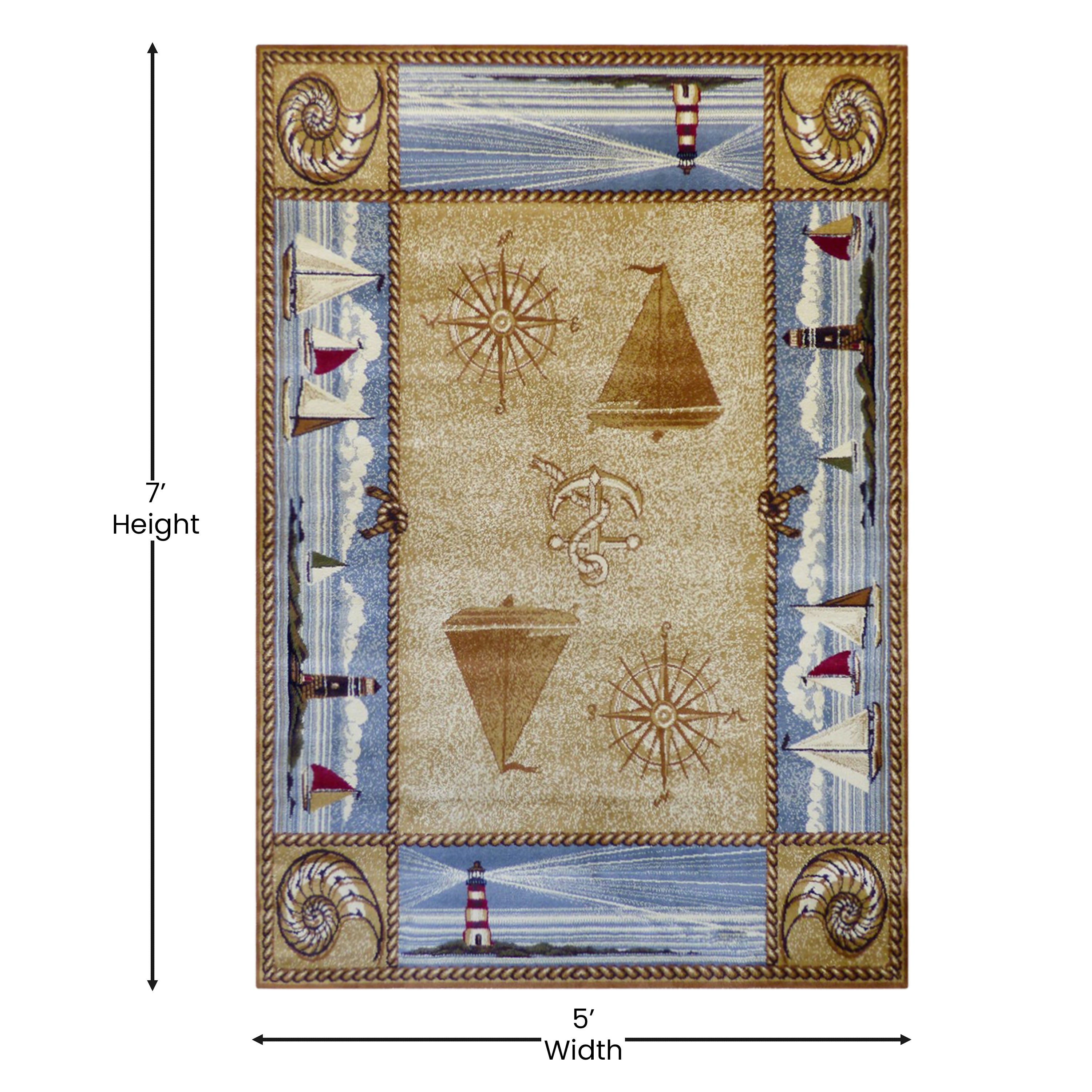 Sovalye Collection Beige Nautical Themed 5' x 7' Area Rug with Jute Backing for Living Room, Bedroom, Entryway