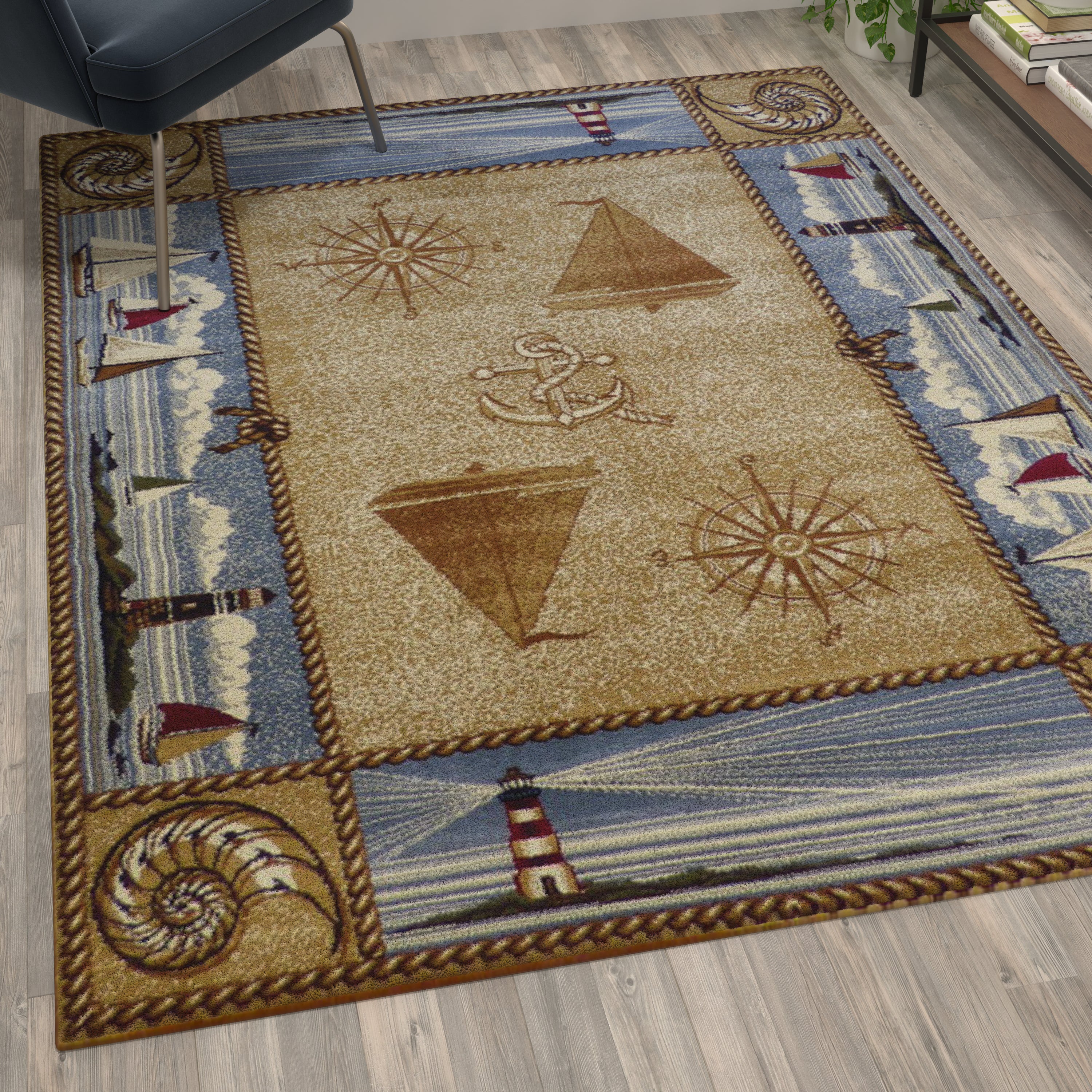 Sovalye Collection Beige Nautical Themed 5' x 7' Area Rug with Jute Backing for Living Room, Bedroom, Entryway