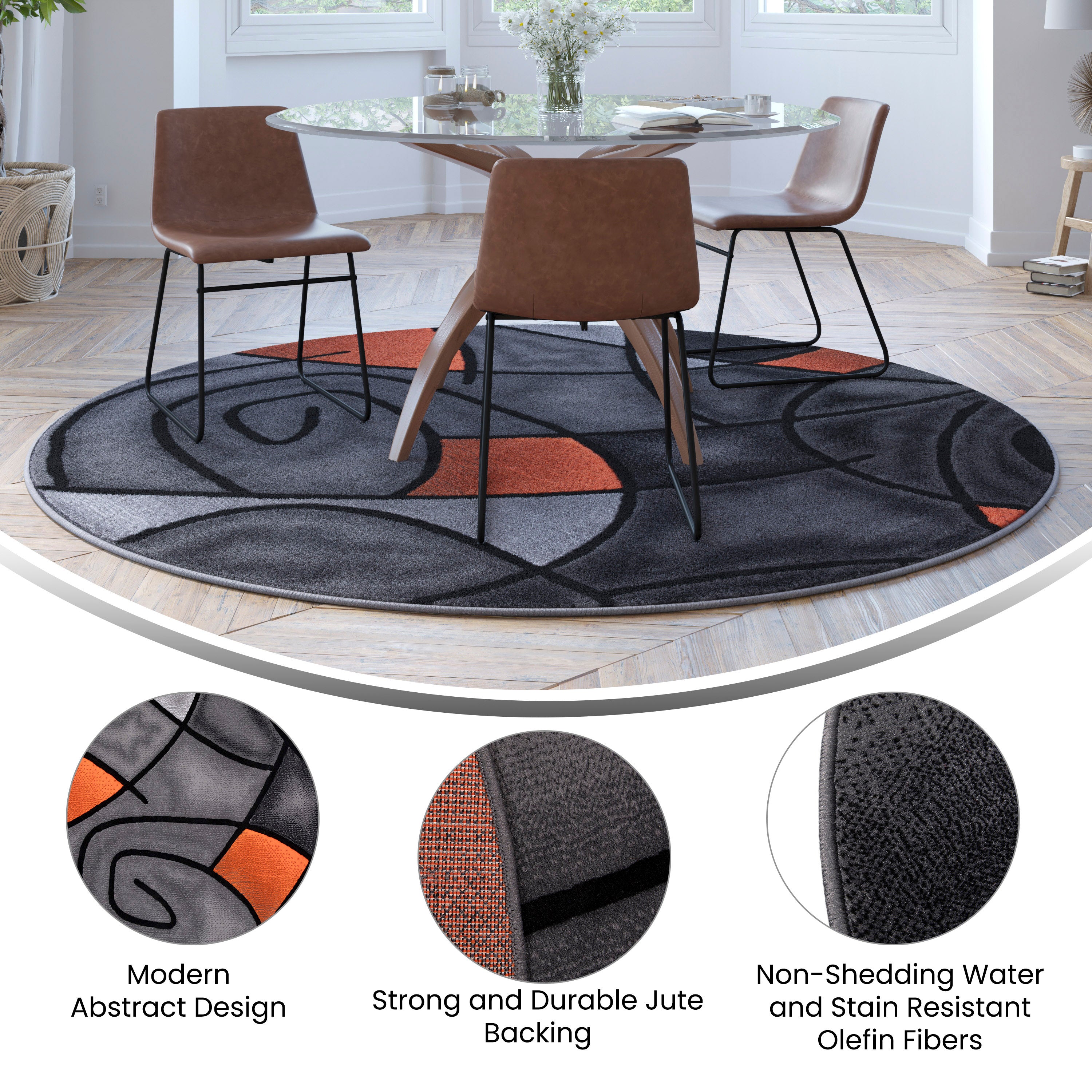 Jubilee Collection 7' x 7' Round Orange Abstract Area Rug - Olefin Rug with Jute Backing - Living Room, Bedroom, Family Room