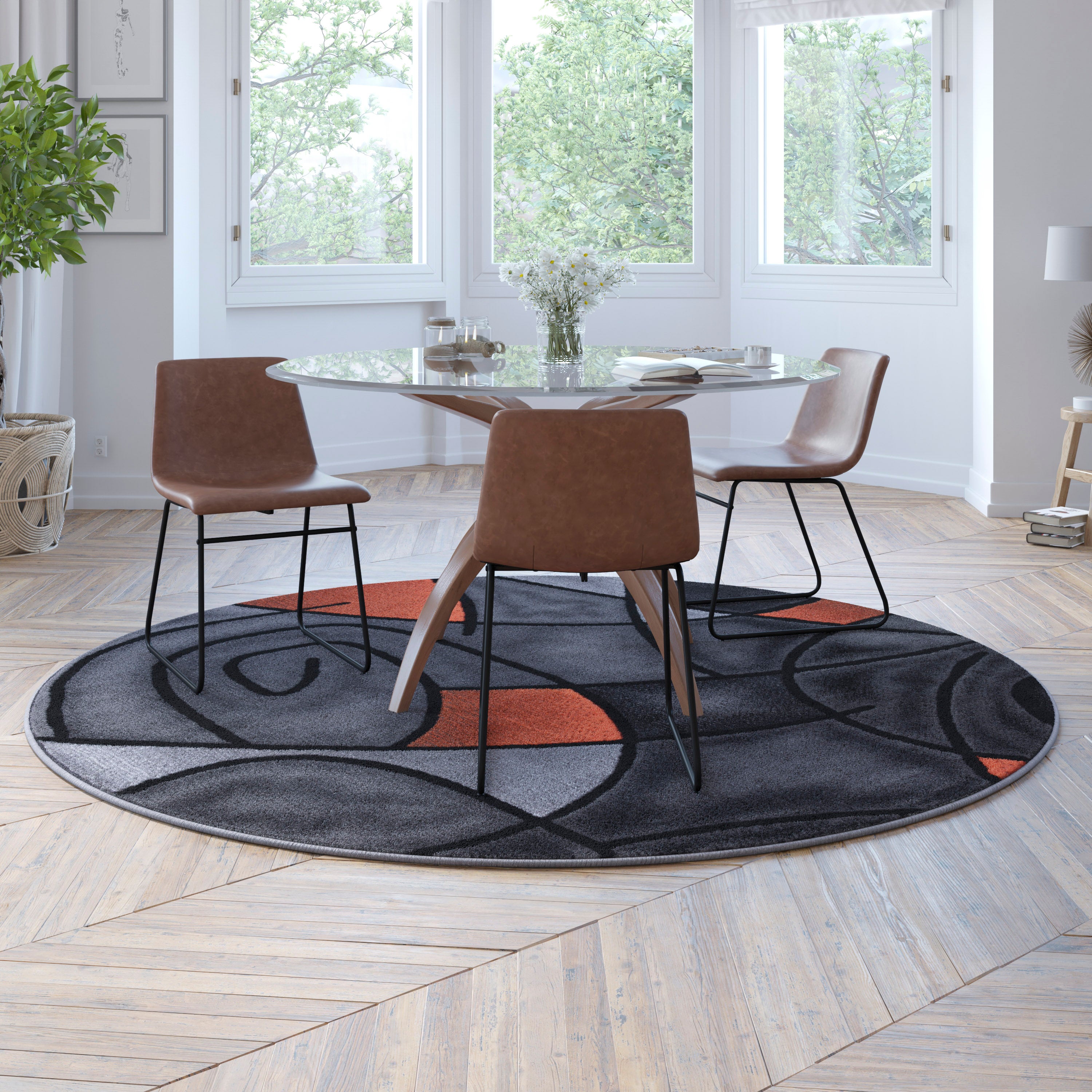 Jubilee Collection 7' x 7' Round Orange Abstract Area Rug - Olefin Rug with Jute Backing - Living Room, Bedroom, Family Room