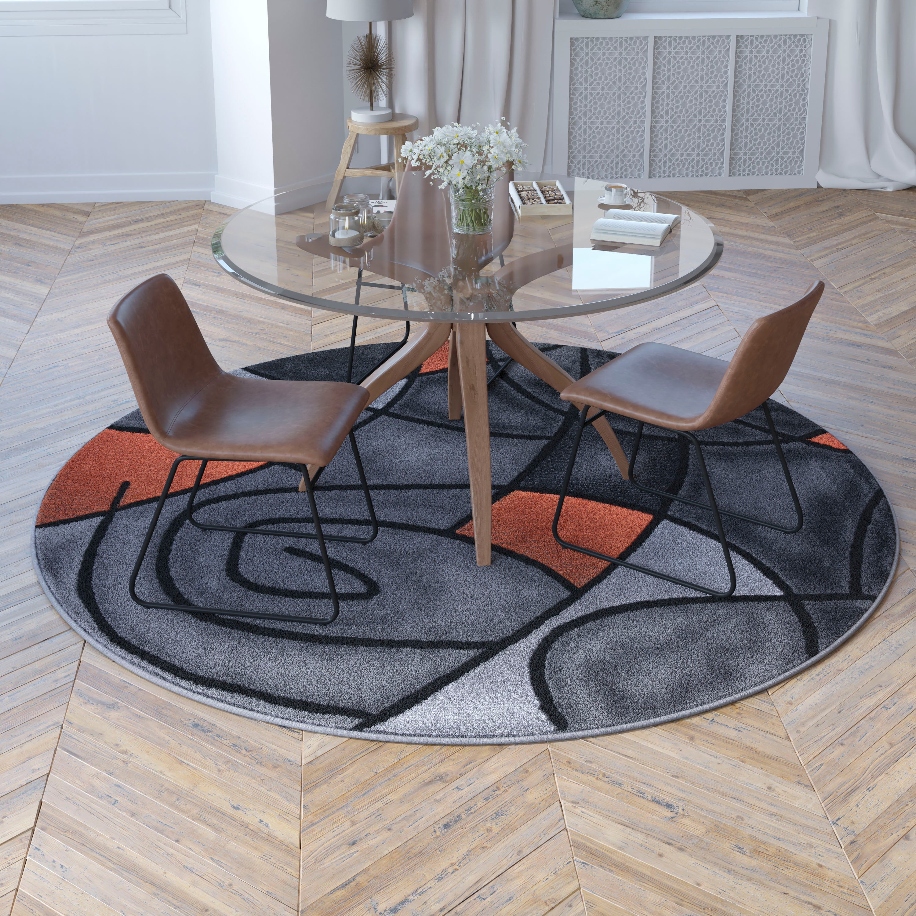 Jubilee Collection 7' x 7' Round Orange Abstract Area Rug - Olefin Rug with Jute Backing - Living Room, Bedroom, Family Room