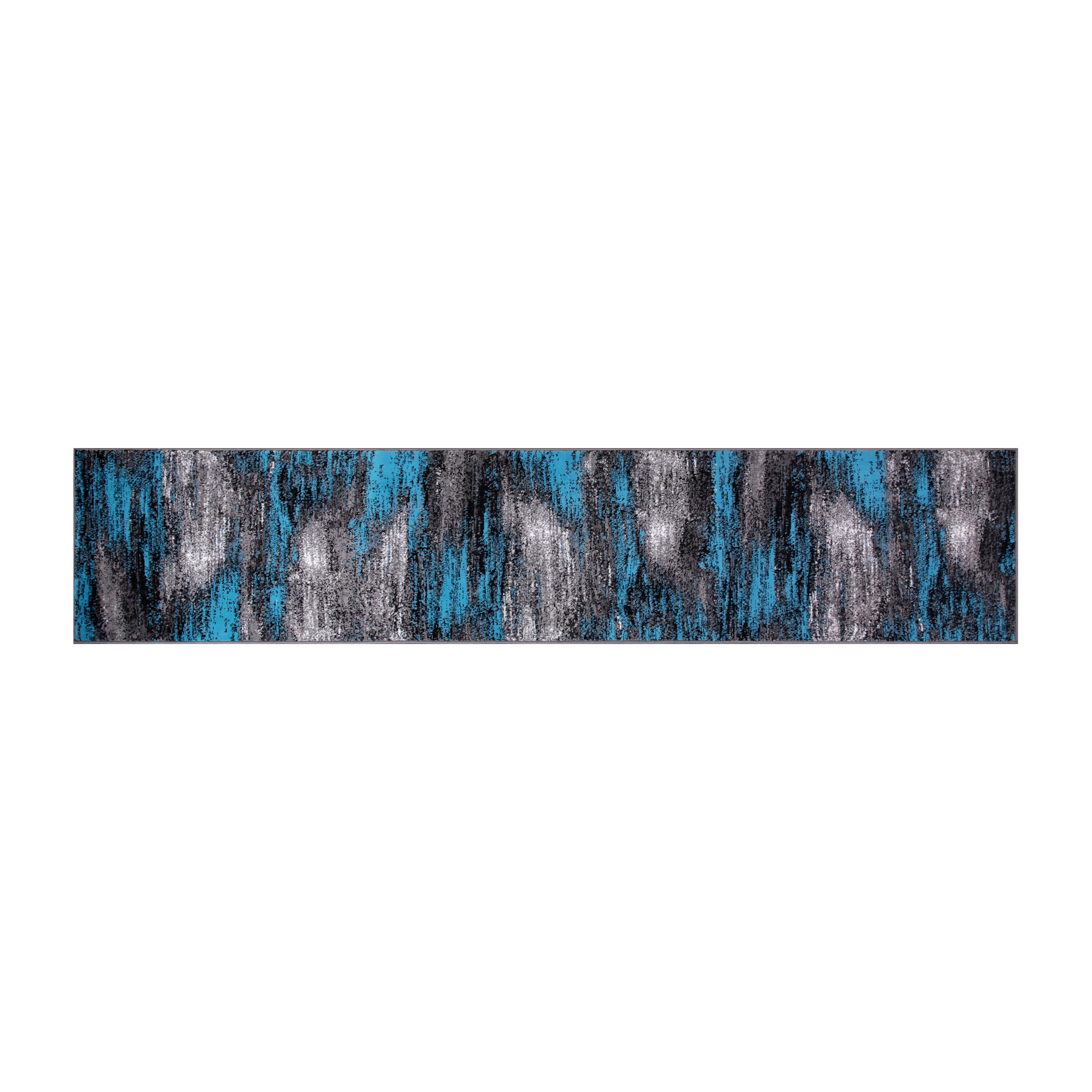Rylan Collection 2' x 10' Blue Abstract Area Rug - Olefin Rug with Jute Backing for Hallway, Entryway, Bedroom, Living Room