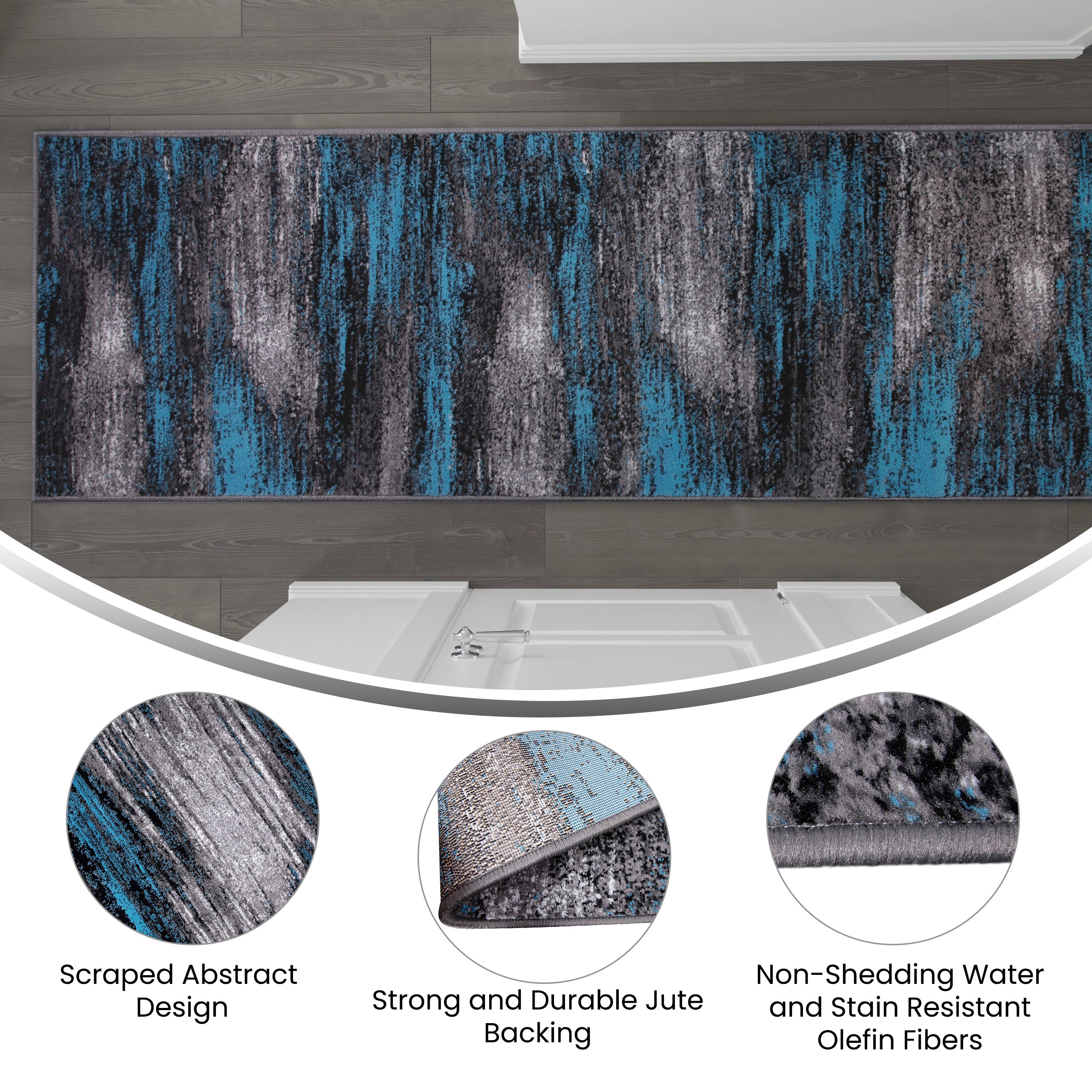 Rylan Collection 2' x 10' Blue Abstract Area Rug - Olefin Rug with Jute Backing for Hallway, Entryway, Bedroom, Living Room