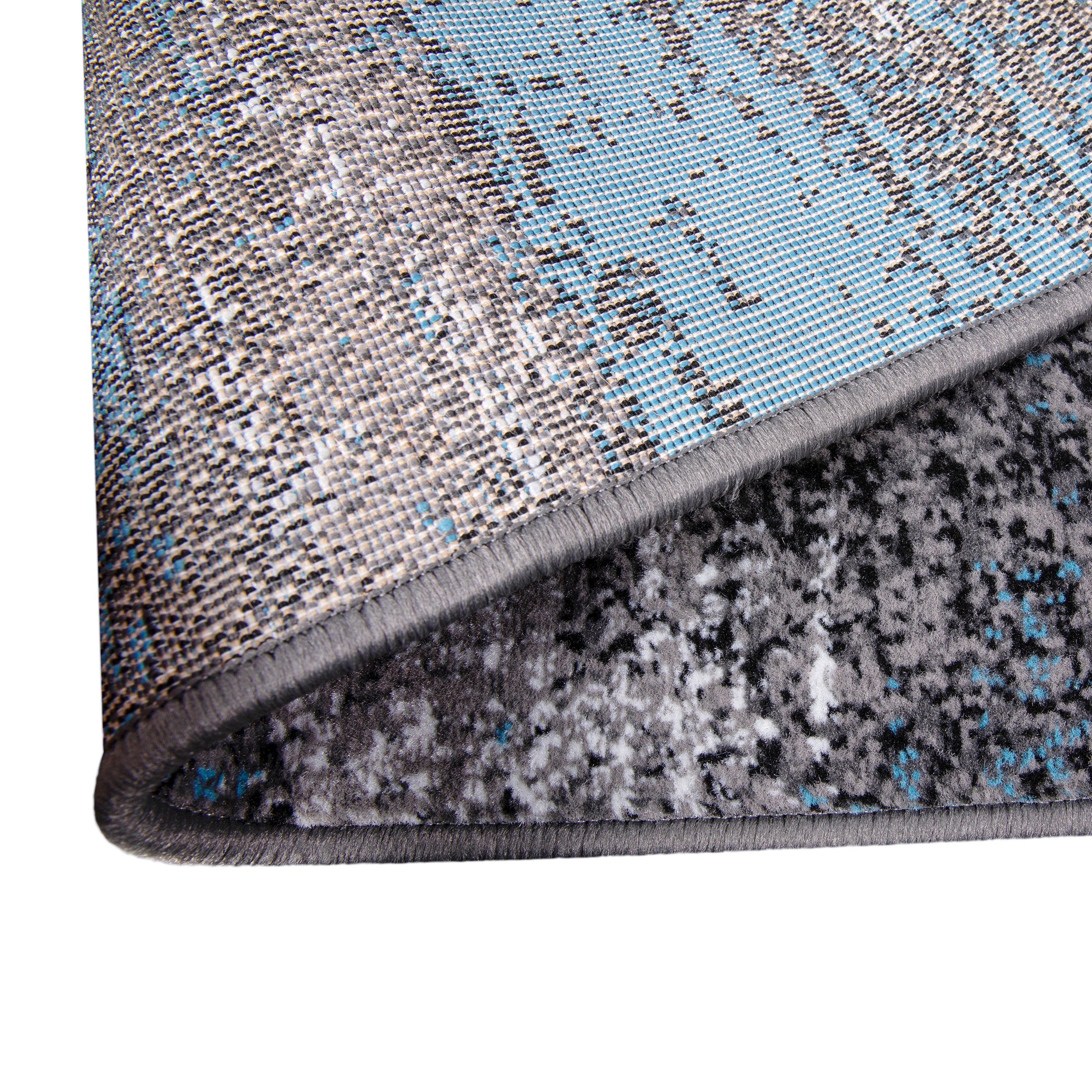 Rylan Collection 2' x 10' Blue Abstract Area Rug - Olefin Rug with Jute Backing for Hallway, Entryway, Bedroom, Living Room