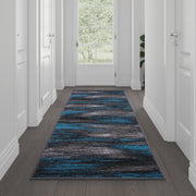 Rylan Collection 2' x 10' Blue Abstract Area Rug - Olefin Rug with Jute Backing for Hallway, Entryway, Bedroom, Living Room