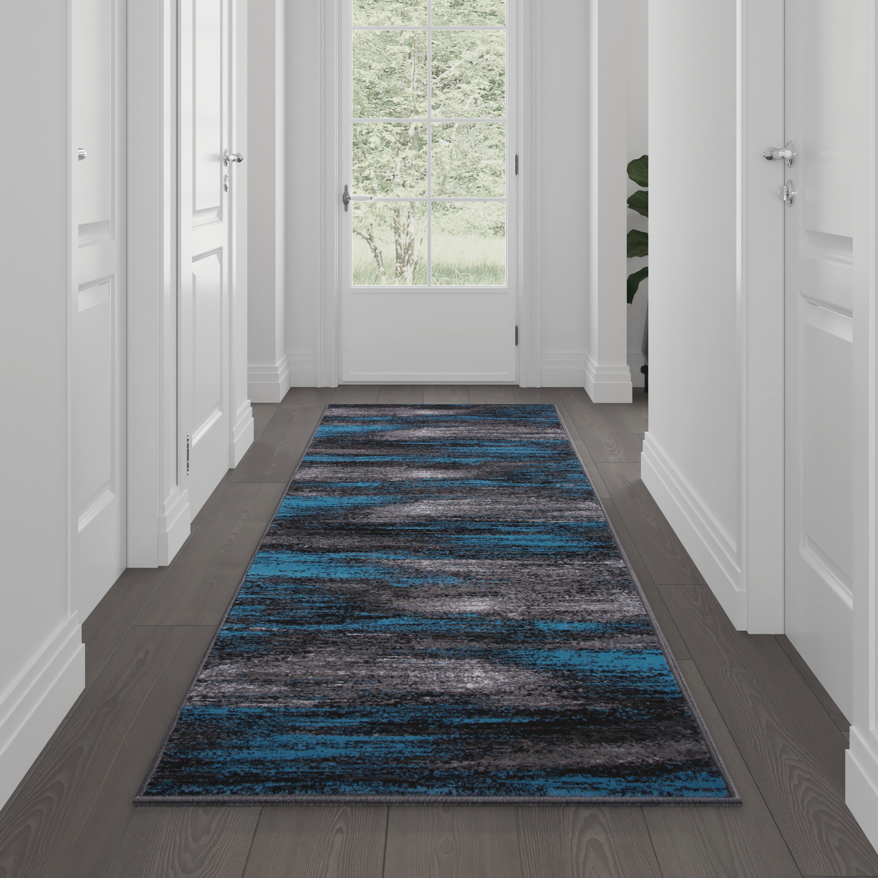 Rylan Collection 2' x 10' Blue Abstract Area Rug - Olefin Rug with Jute Backing for Hallway, Entryway, Bedroom, Living Room