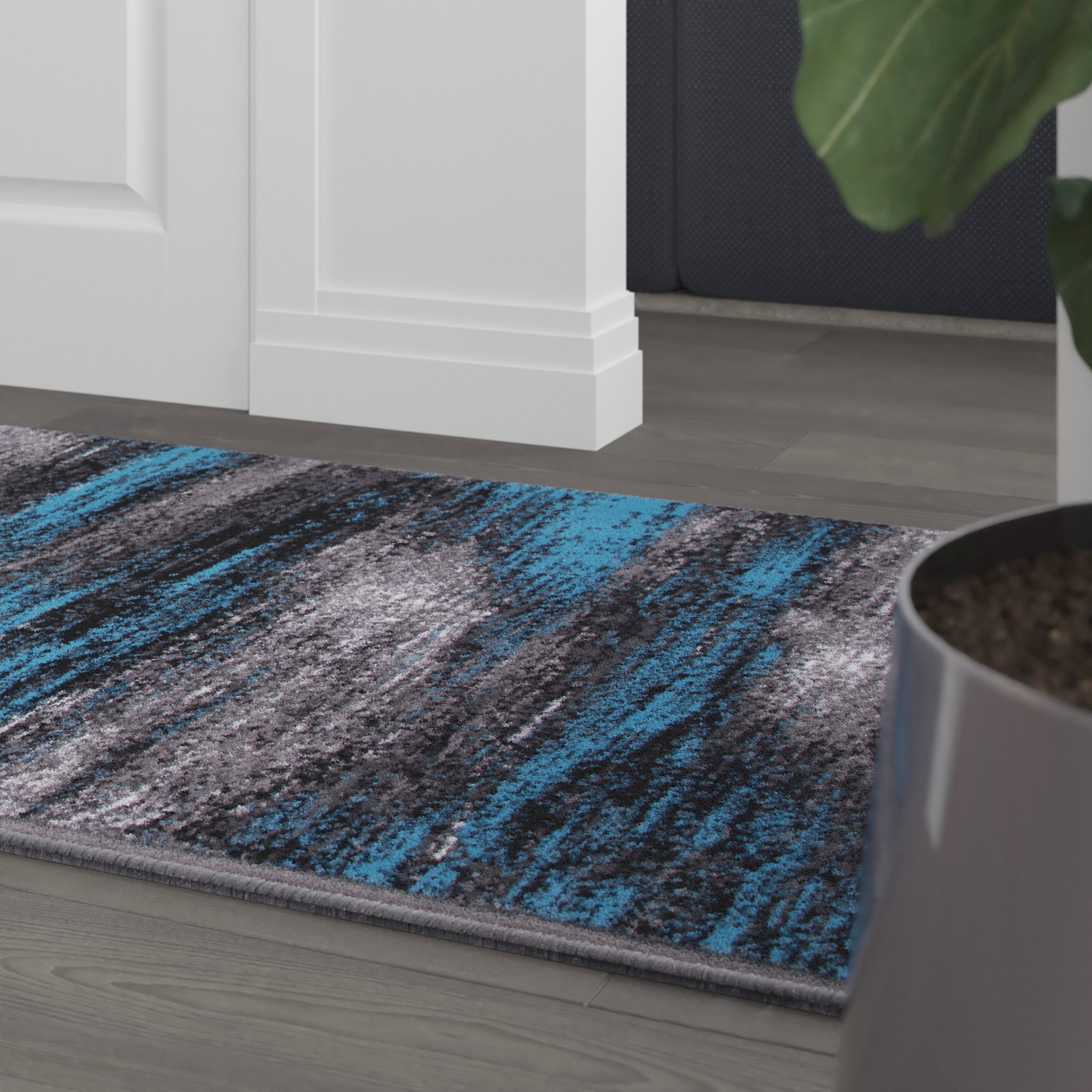 Rylan Collection 2' x 10' Blue Abstract Area Rug - Olefin Rug with Jute Backing for Hallway, Entryway, Bedroom, Living Room