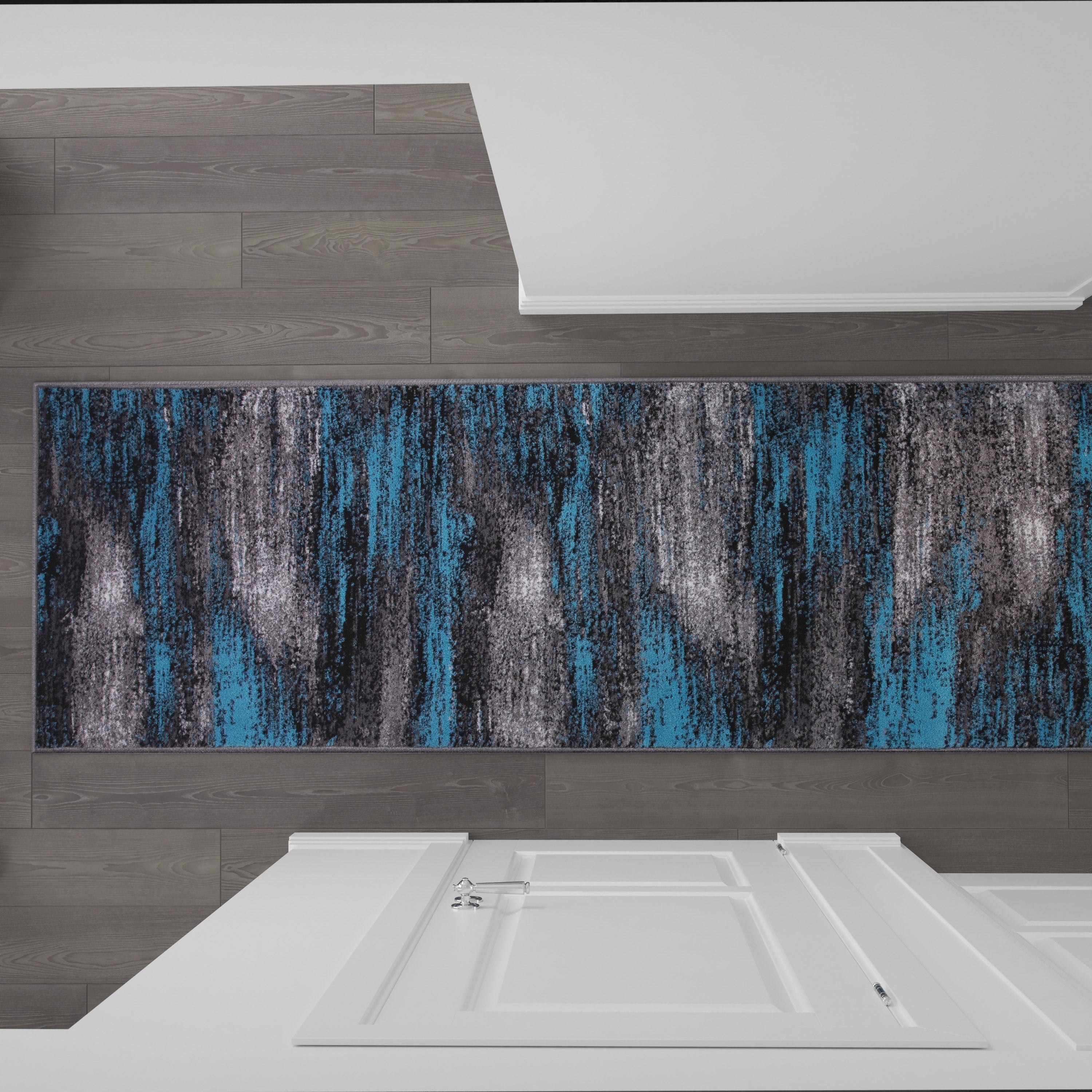 Rylan Collection 2' x 10' Blue Abstract Area Rug - Olefin Rug with Jute Backing for Hallway, Entryway, Bedroom, Living Room