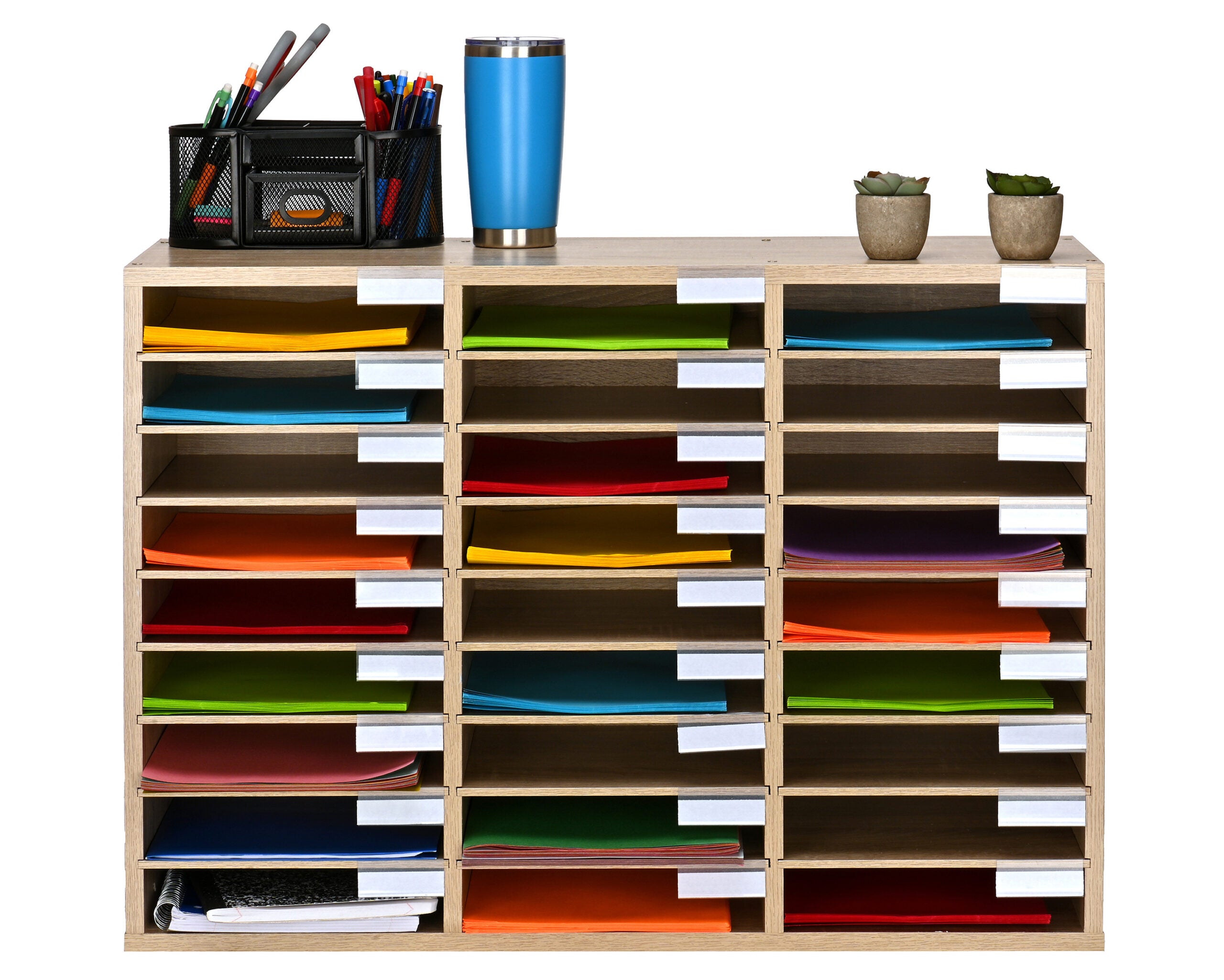 Wooden 27 Compartment Literature Orgnaizer, Medium Oak