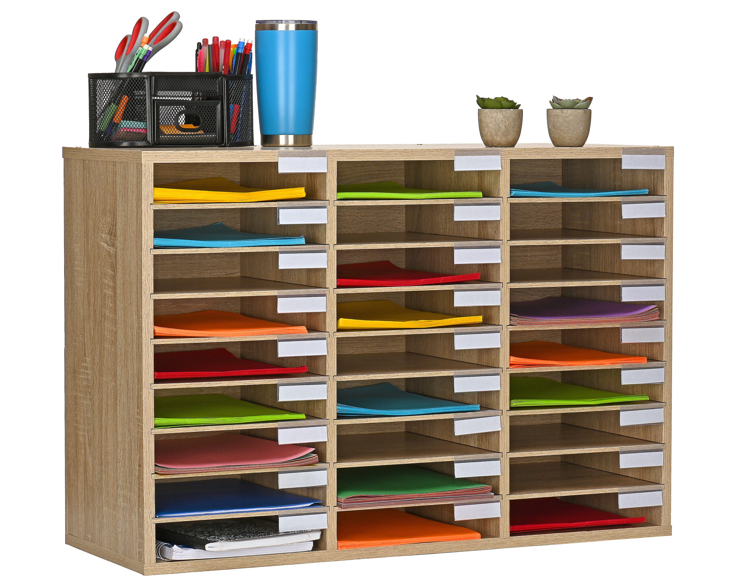 Wooden 27 Compartment Literature Orgnaizer, Medium Oak