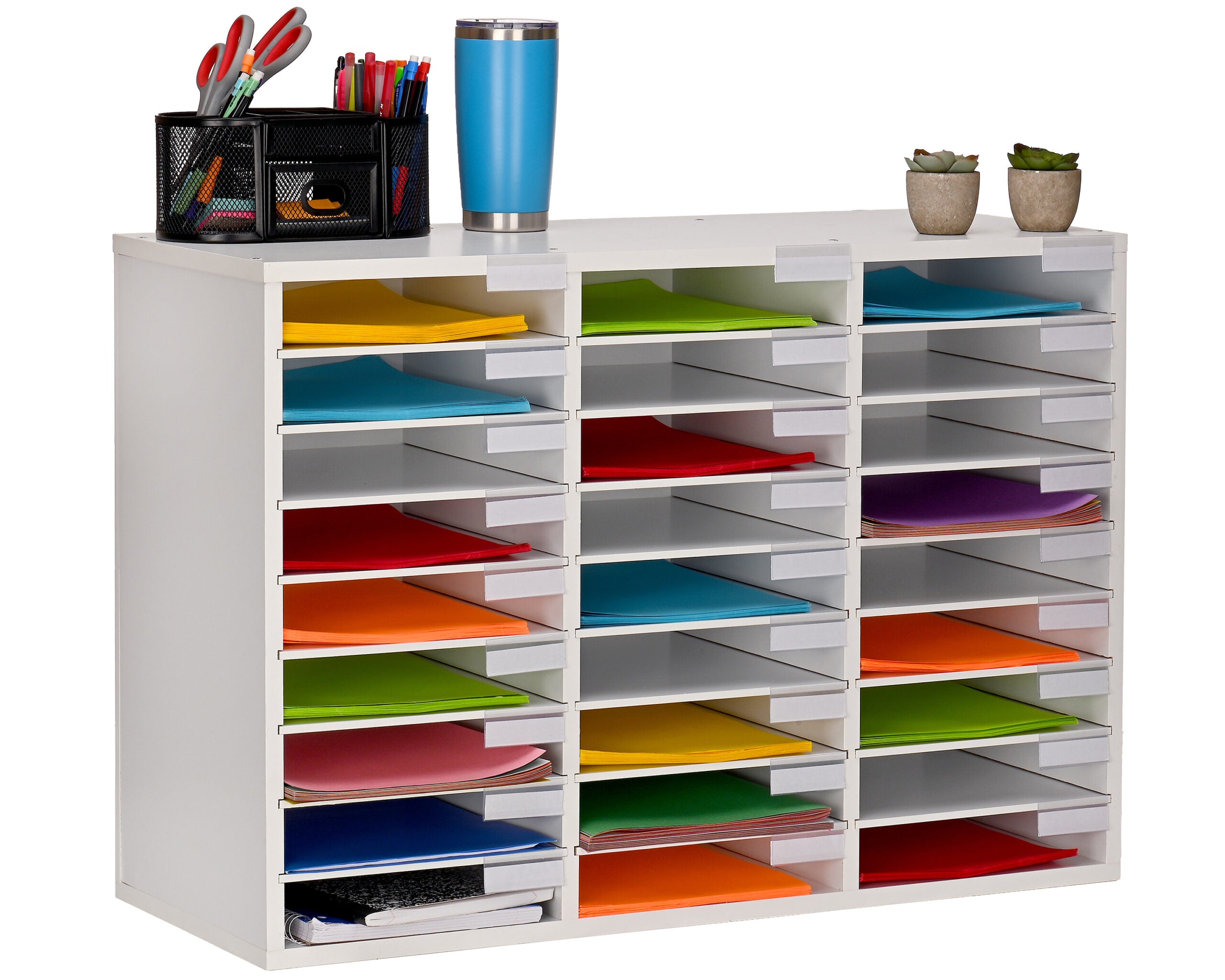 Wooden 27 Compartment Literature Orgnaizer, White