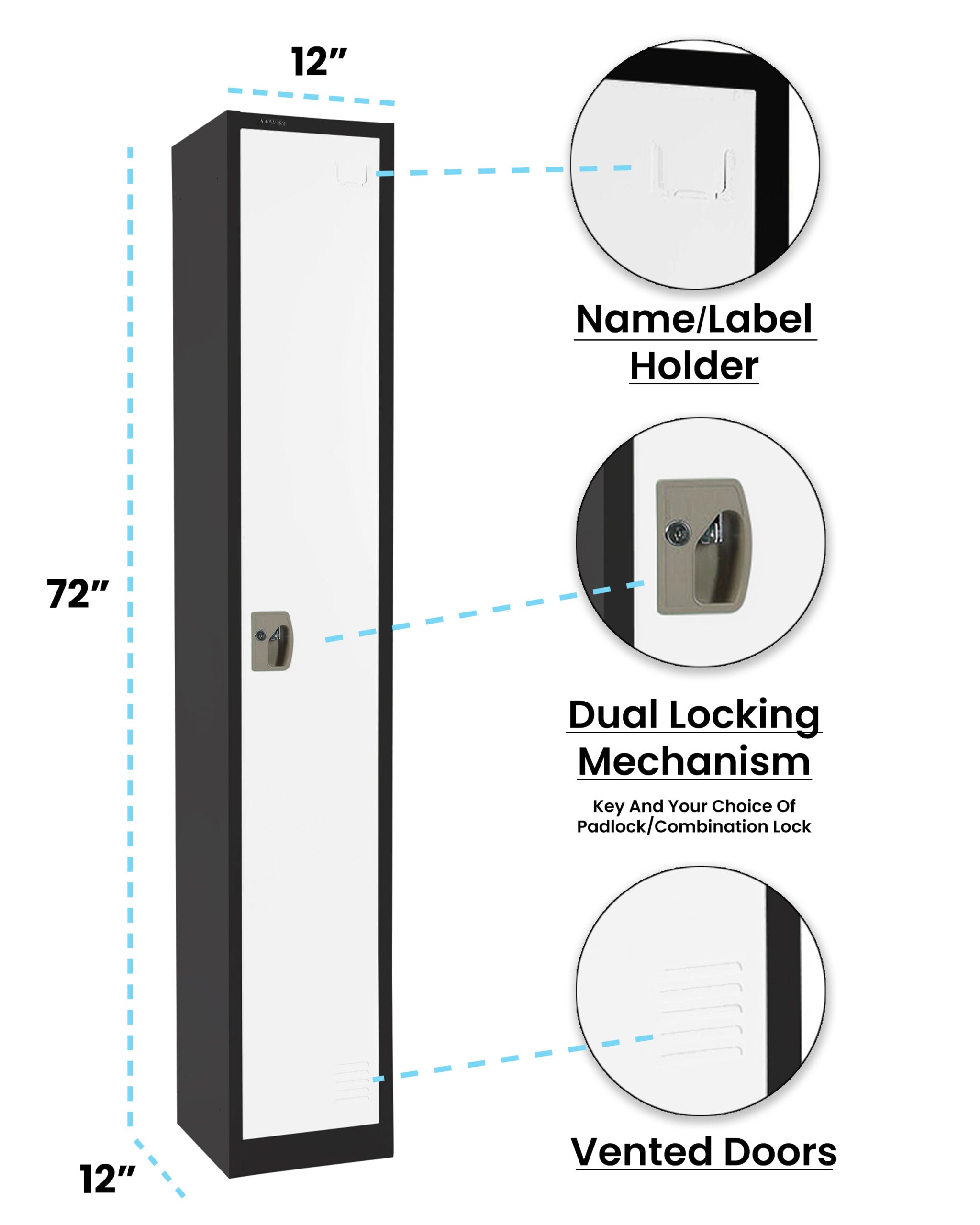 Large Single Door Locker – Black Body With White Doors 4-Pack
