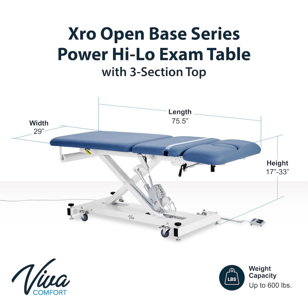 ADI903-21-SERIES Xro 3-Section Open Base Series Power Hi-Lo Exam Table with Top, Adjustable Backrest, and Leg rest