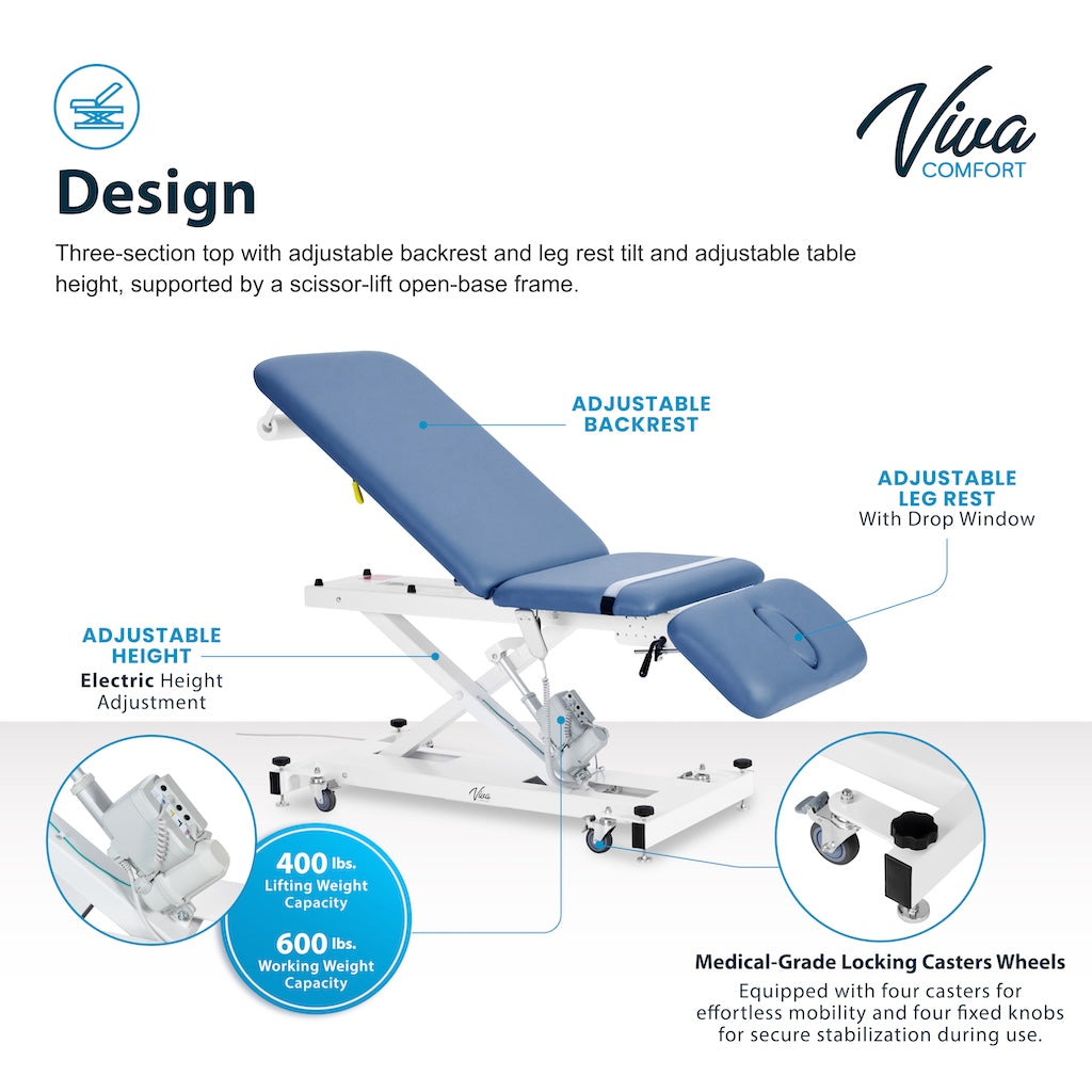 ADI903-21-SERIES Xro 3-Section Open Base Series Power Hi-Lo Exam Table with Top, Adjustable Backrest, and Leg rest