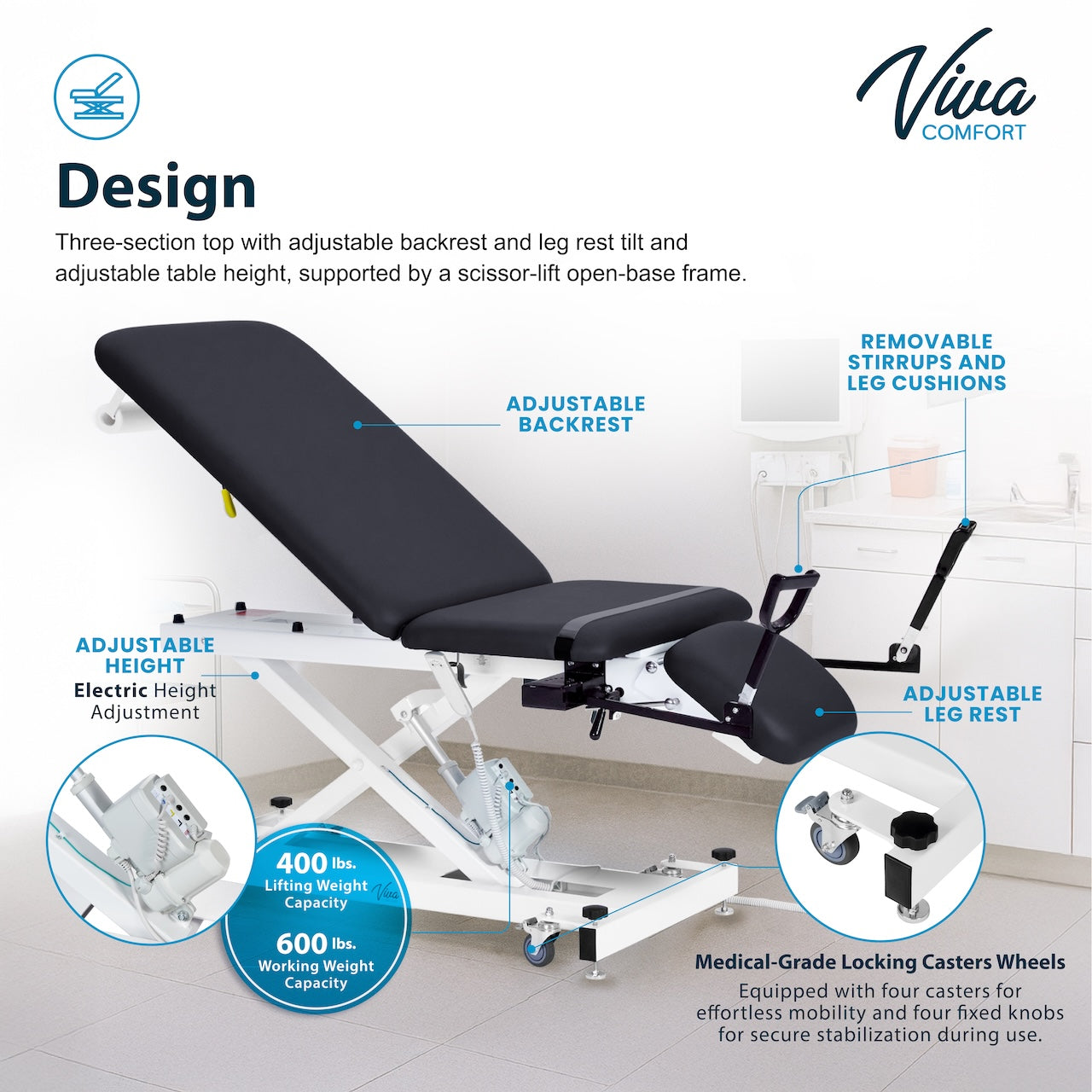 ADI903-22-SERIES Xro 3-Section Open Base Series Power Hi-Lo Exam Table with Stirrups and Leg Cushions
