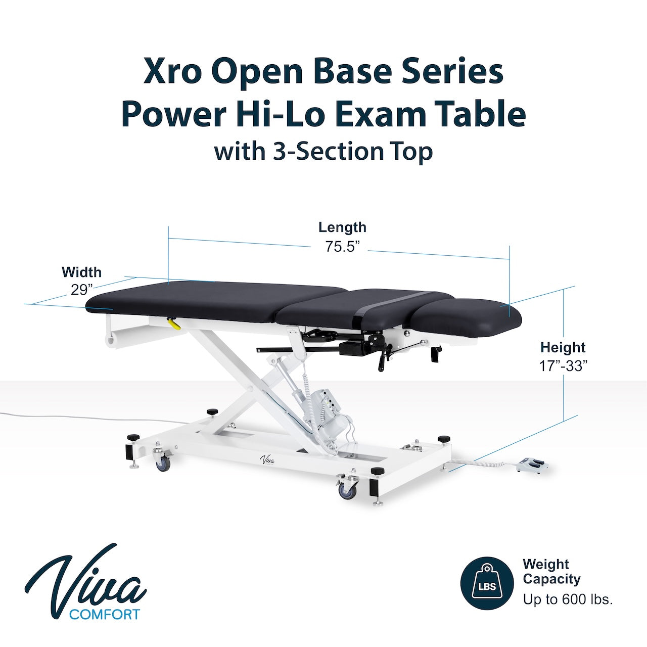 ADI903-22-SERIES Xro 3-Section Open Base Series Power Hi-Lo Exam Table with Stirrups and Leg Cushions