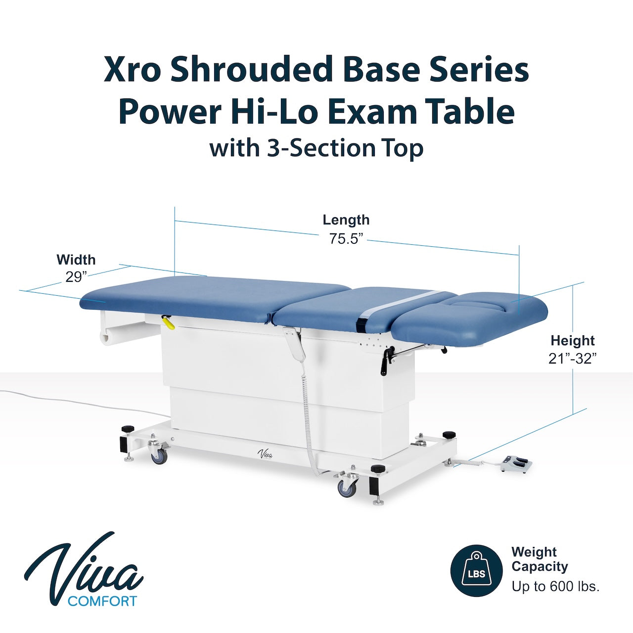 ADI903-23-SERIES: Xro 3-Section Shrouded Base Series Power Hi-Lo Exam Table (Adjustable Back, Leg-Rest & Antimicrobial Upholstery, Black)