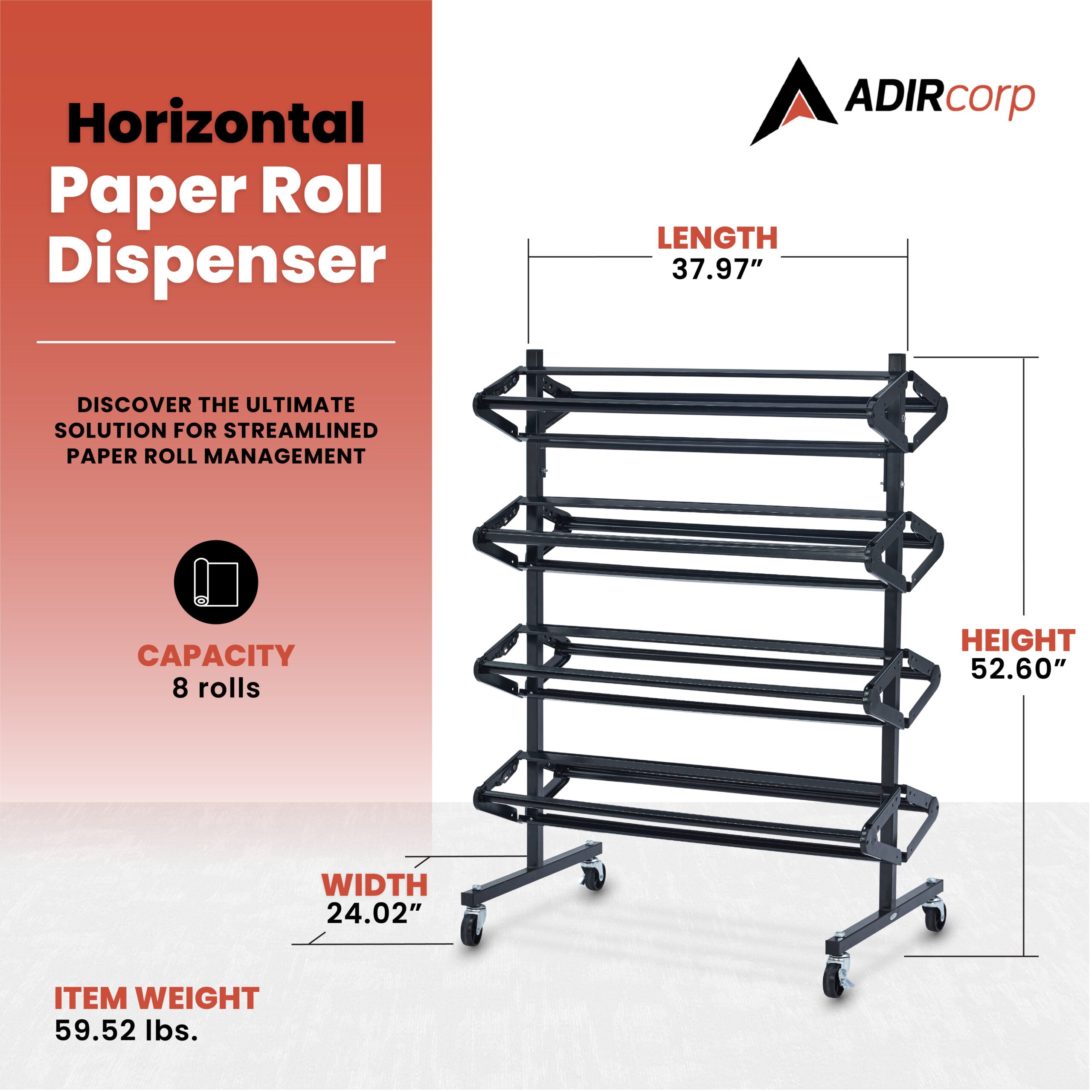 AdirKids 8 Roll Capacity Craft Paper Classroom Horizontal Paper Roll Dispenser