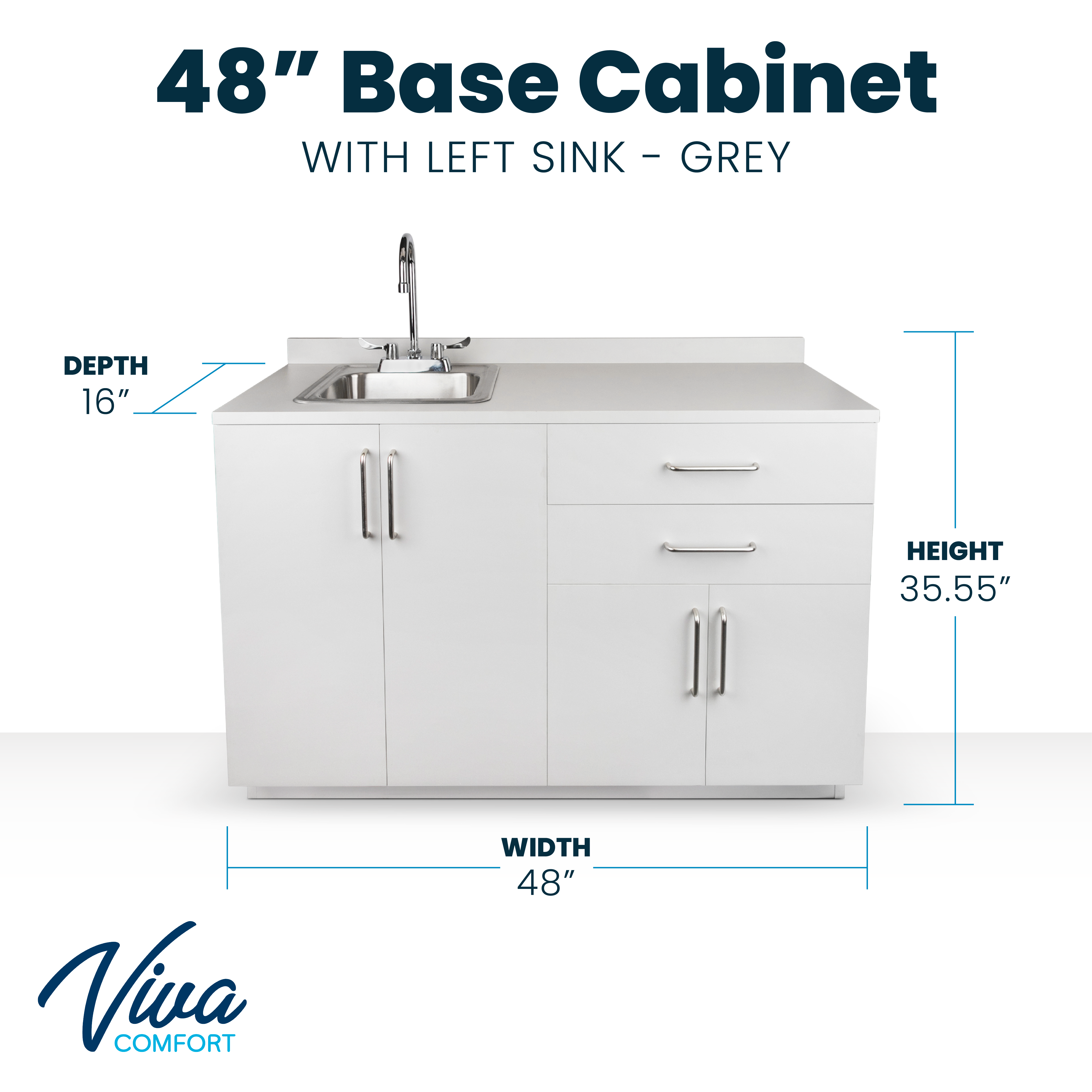 VivaComfort 48 Inch Base Cabinet with Left Sink Cutout - Grey