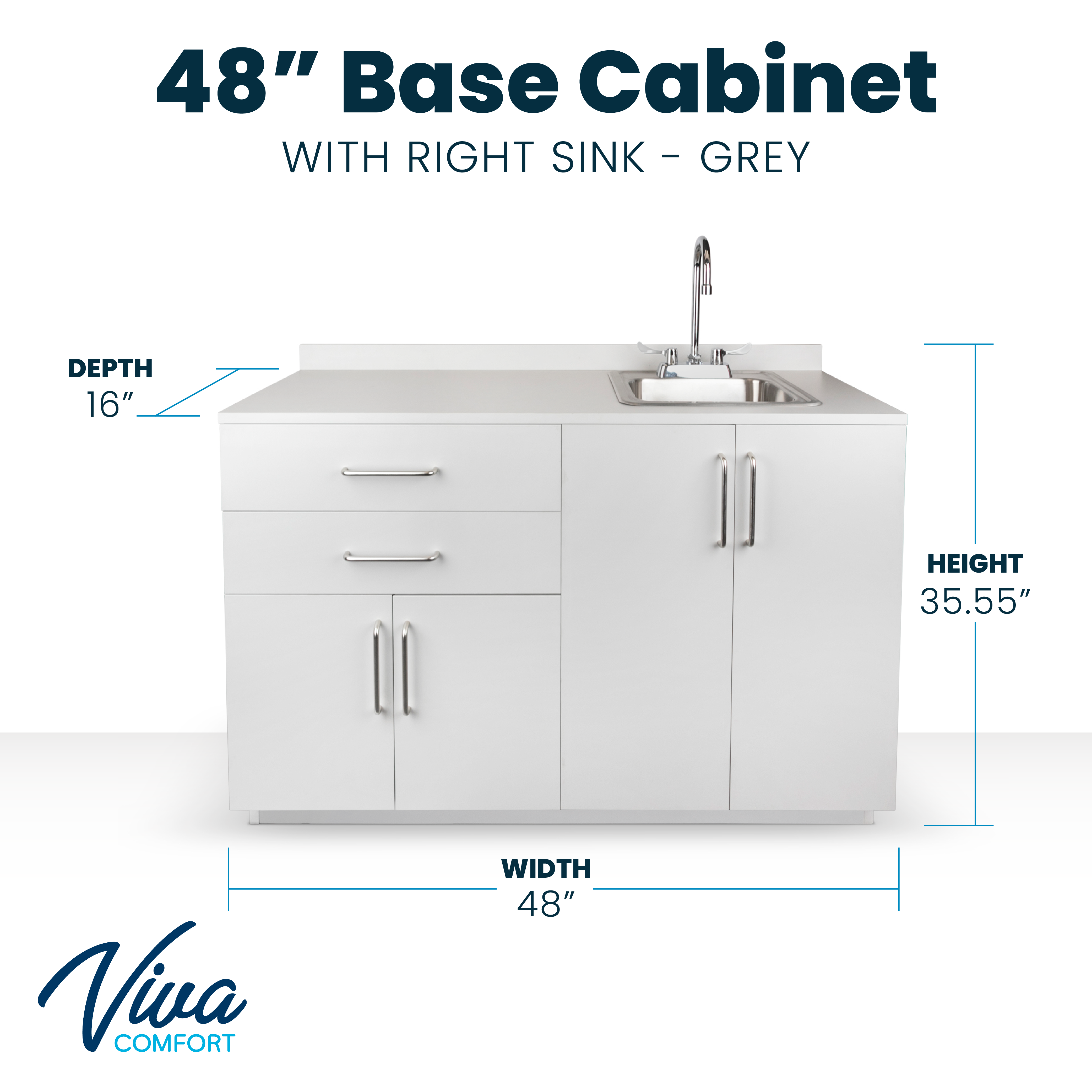 VivaComfort 48 Inch Base Cabinet with Right Sink Cutout - Grey