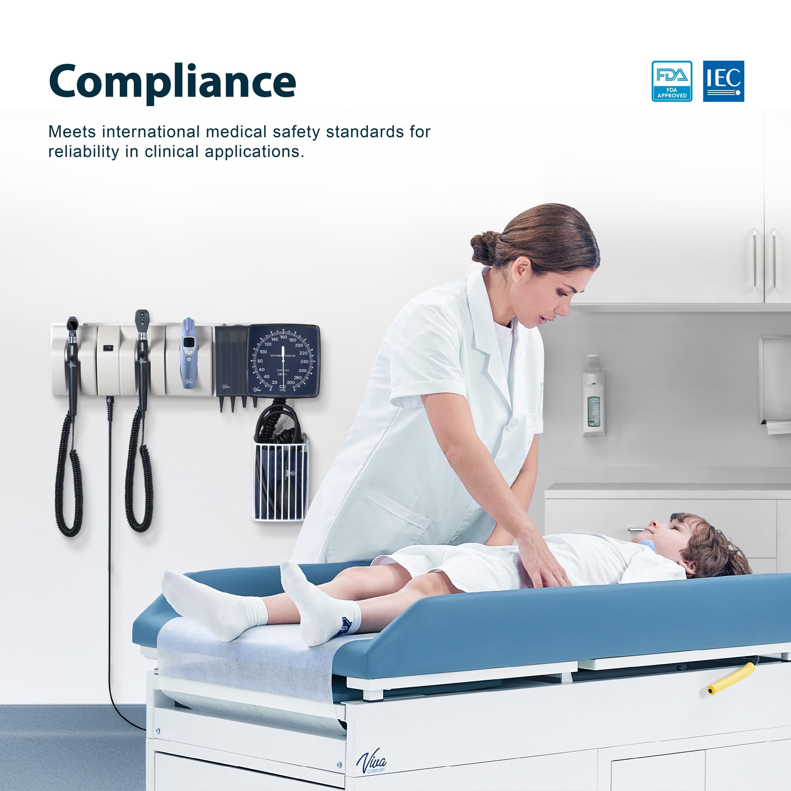 Viva Comfort Diagnostic Wall Station, LED Ophthalmoscope, LED Otoscope, Ear Specula Dispenser, Infrared Thermometer, and Wallboard