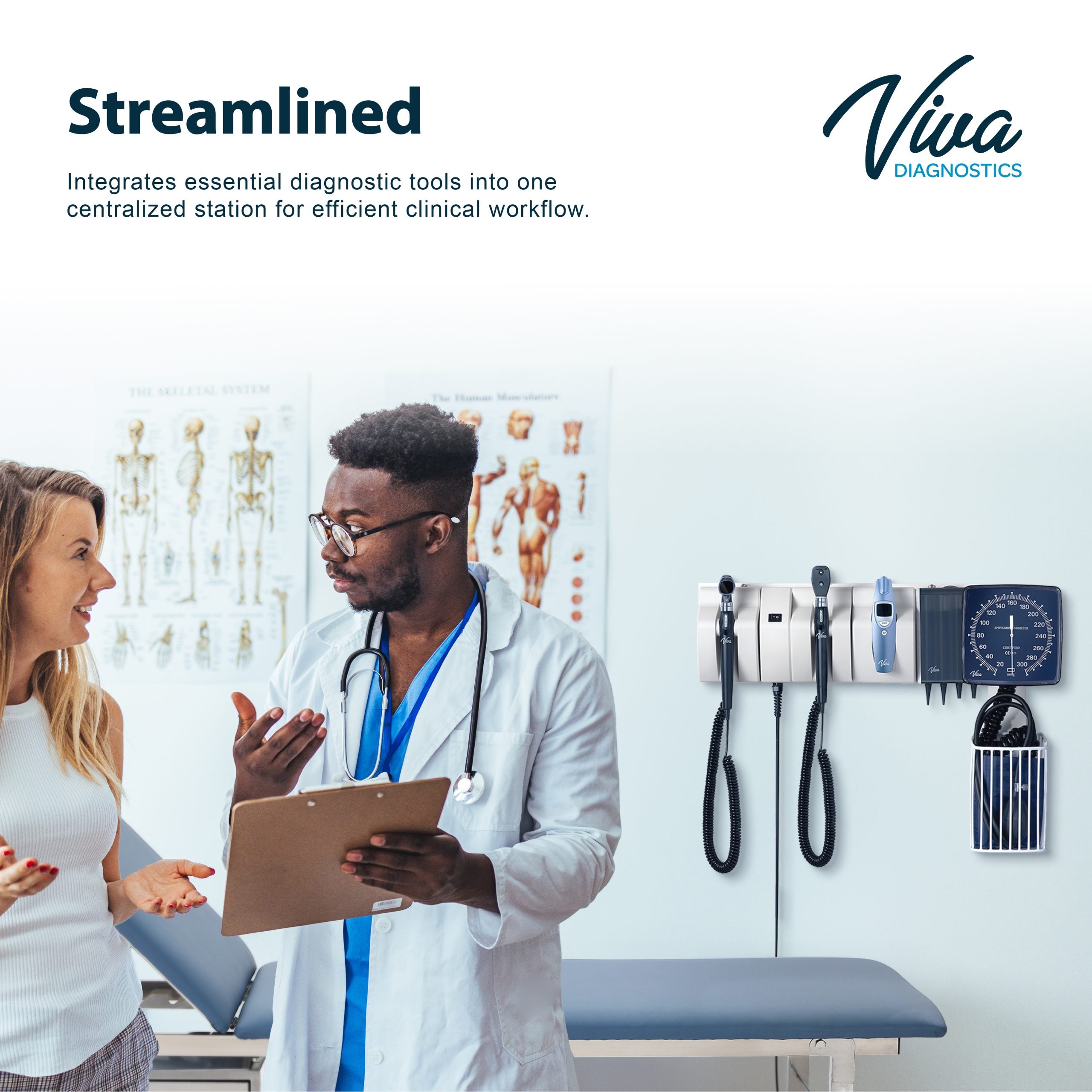 Viva Comfort Diagnostic Wall Station, LED Ophthalmoscope, LED Otoscope, Ear Specula Dispenser, Infrared Thermometer, and Wallboard