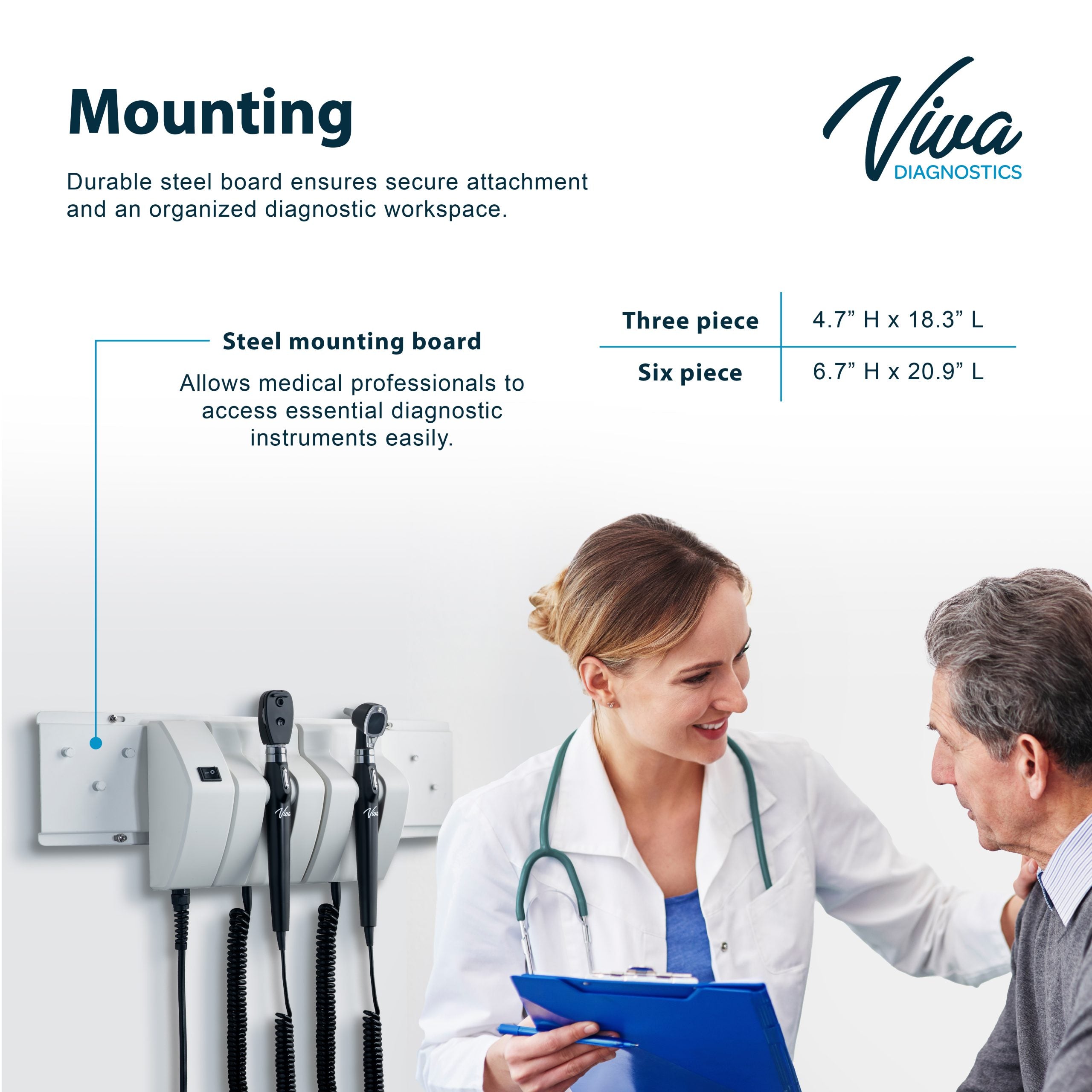 Viva Comfort Diagnostic Wall Station, LED Ophthalmoscope, LED Otoscope, Ear Specula Dispenser, Infrared Thermometer, and Wallboard